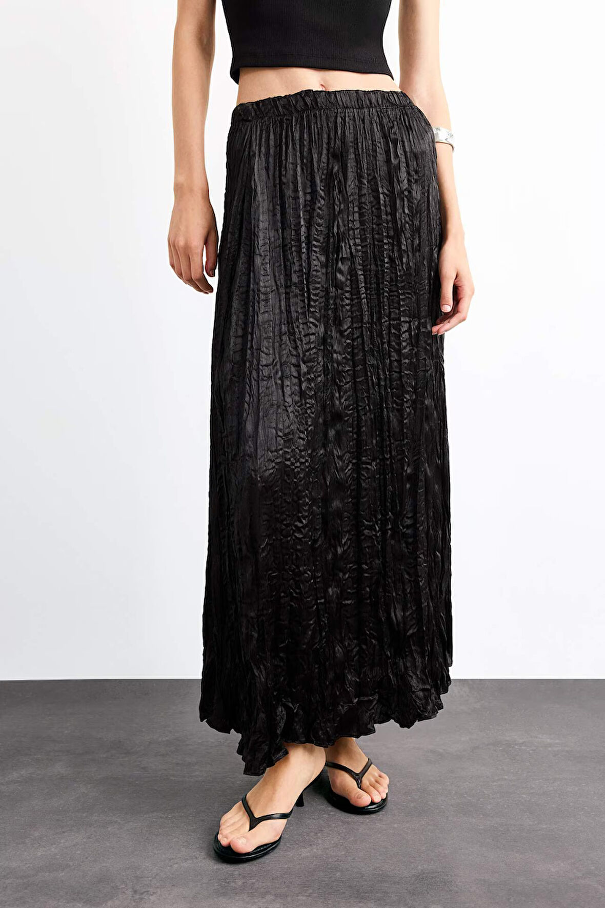 Relax Fit Beli Lastikli Saten Uzun Boy Etek