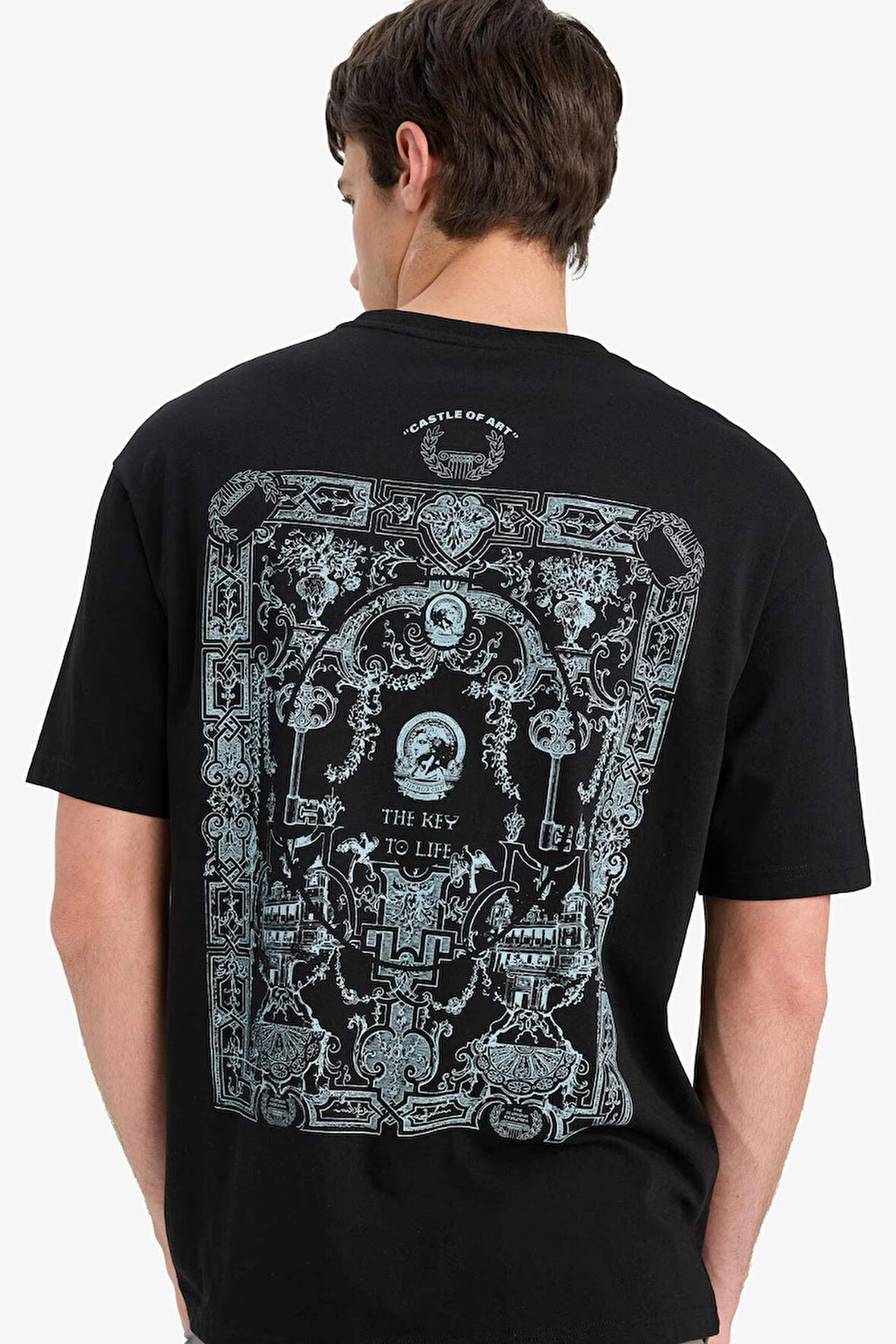 DeFacto %100 Pamuk Boxy Fit Bisiklet Yaka Sırt Baskılı Kısa Kollu Tişört F5765AX25SMBK81