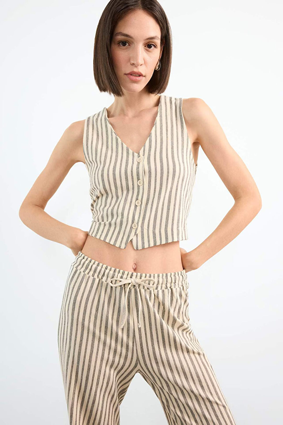 Fitted Çizgili V Yaka Blazer Yelek 