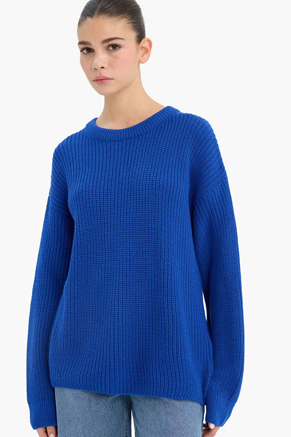 Regular Fit Bisiklet Yaka Selanik Kumaş Basic Düz Triko Kazak