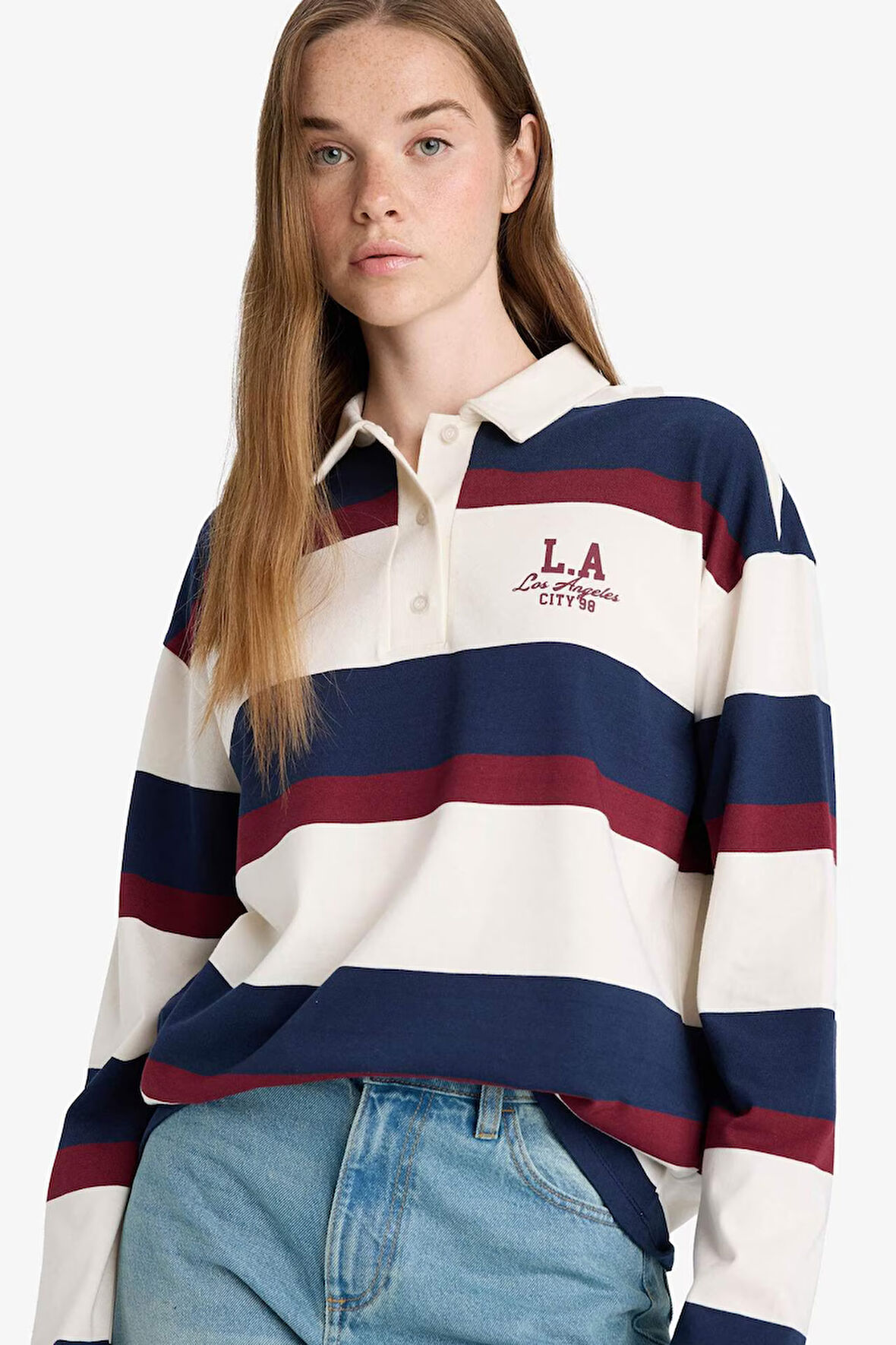 Oversize Geniş Kalıp Polo Yaka Çizgili Baskılı Sweatshirt 