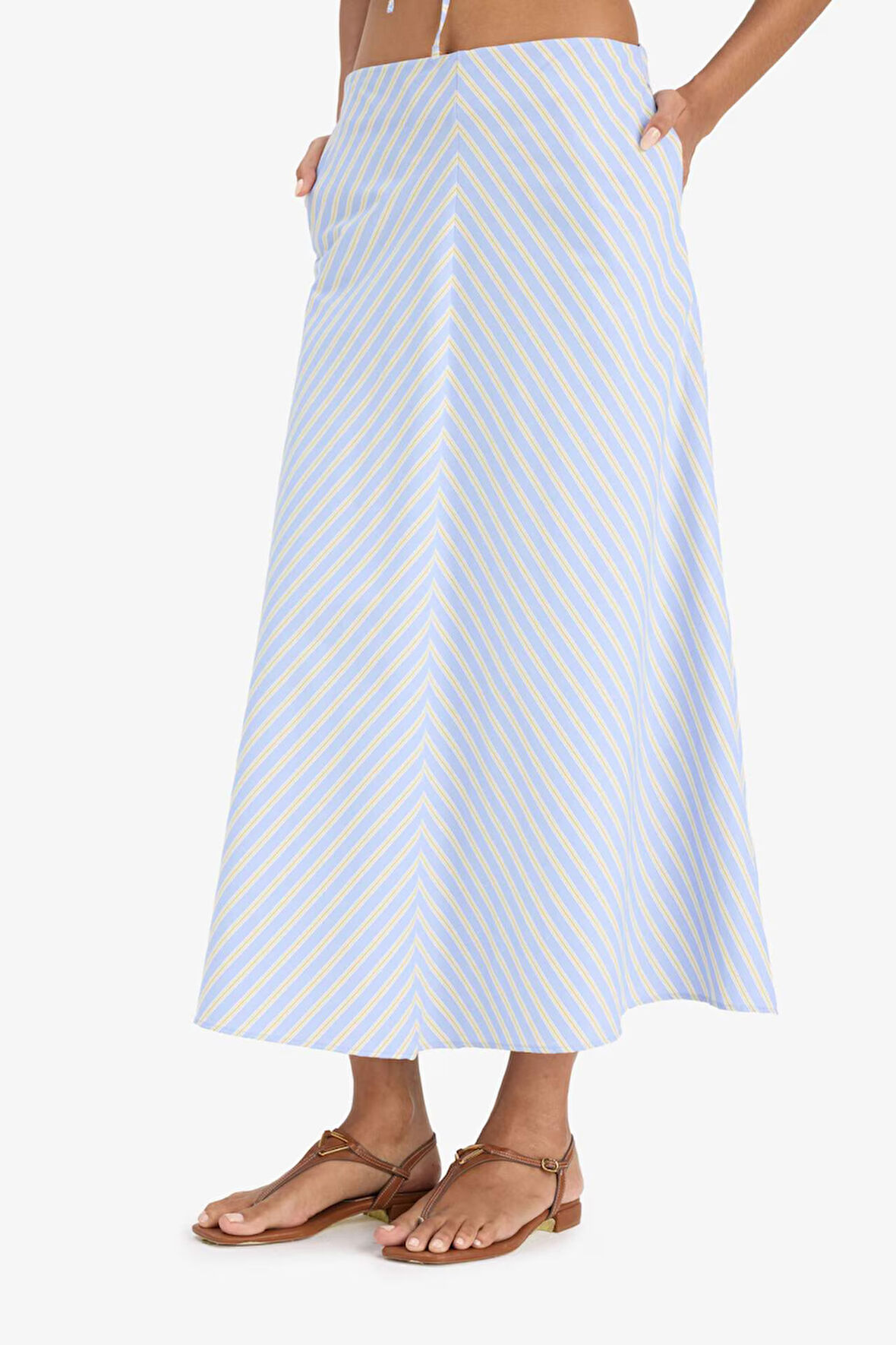 A Kesim Çizgili Normal Bel Poplin Maxi Etek