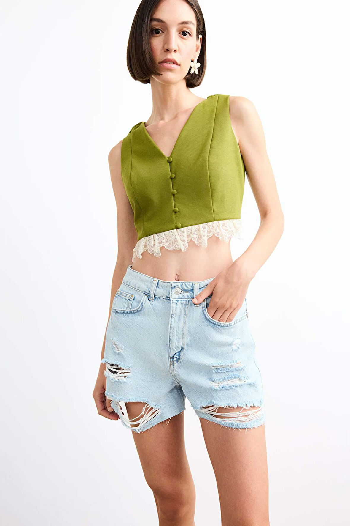 Fitted Düğmeli Dantel Detaylı Yelek 