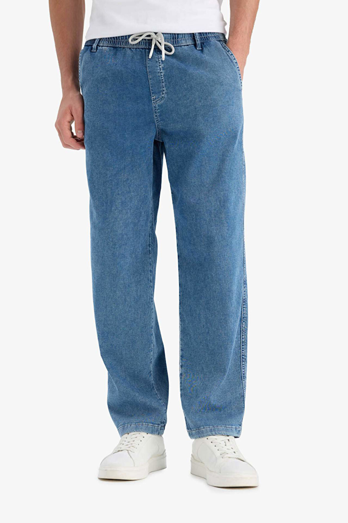 Yazlık Wide Leg Geniş Kalıp Beli Lastikli Geniş Paça Jean Kar Yıkamalı Pantolon