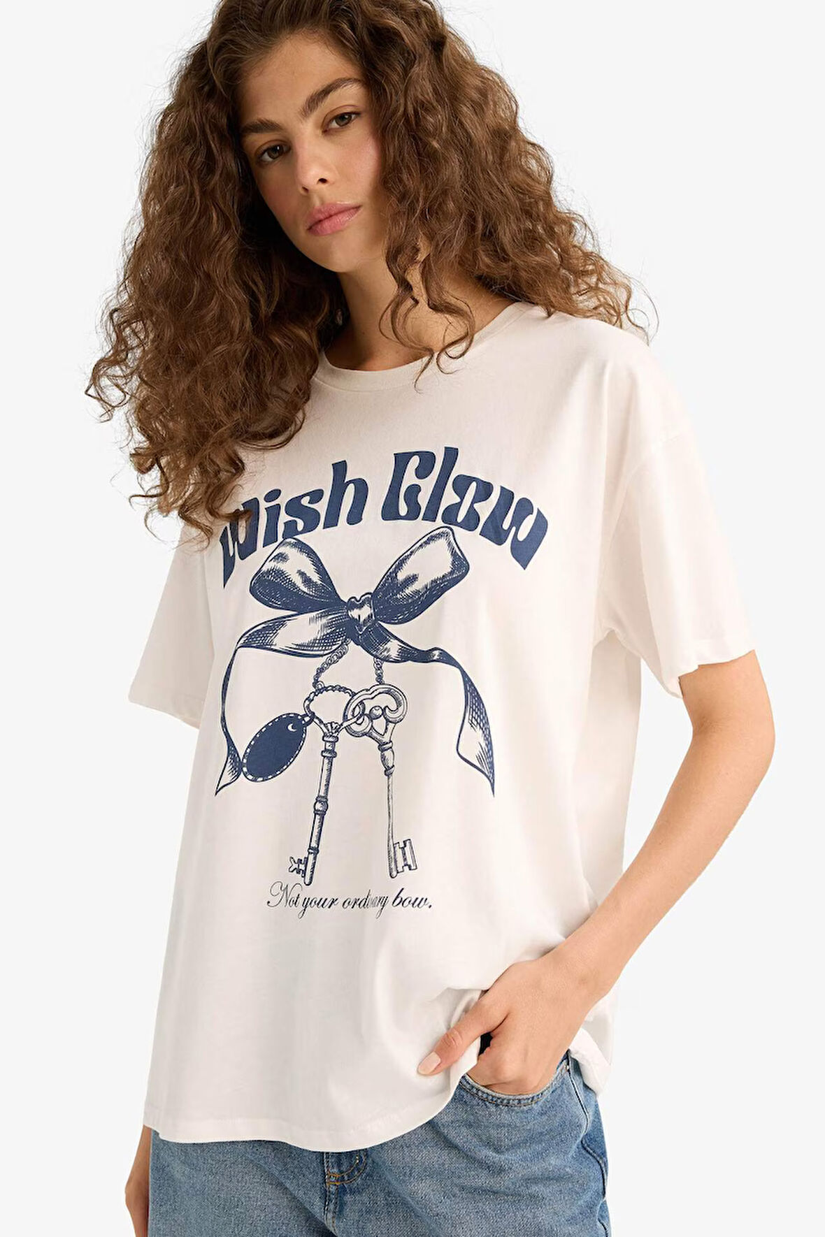 Oversize Geniş Kalıp Bisiklet Yaka Baskılı Kısa Kollu Tişört