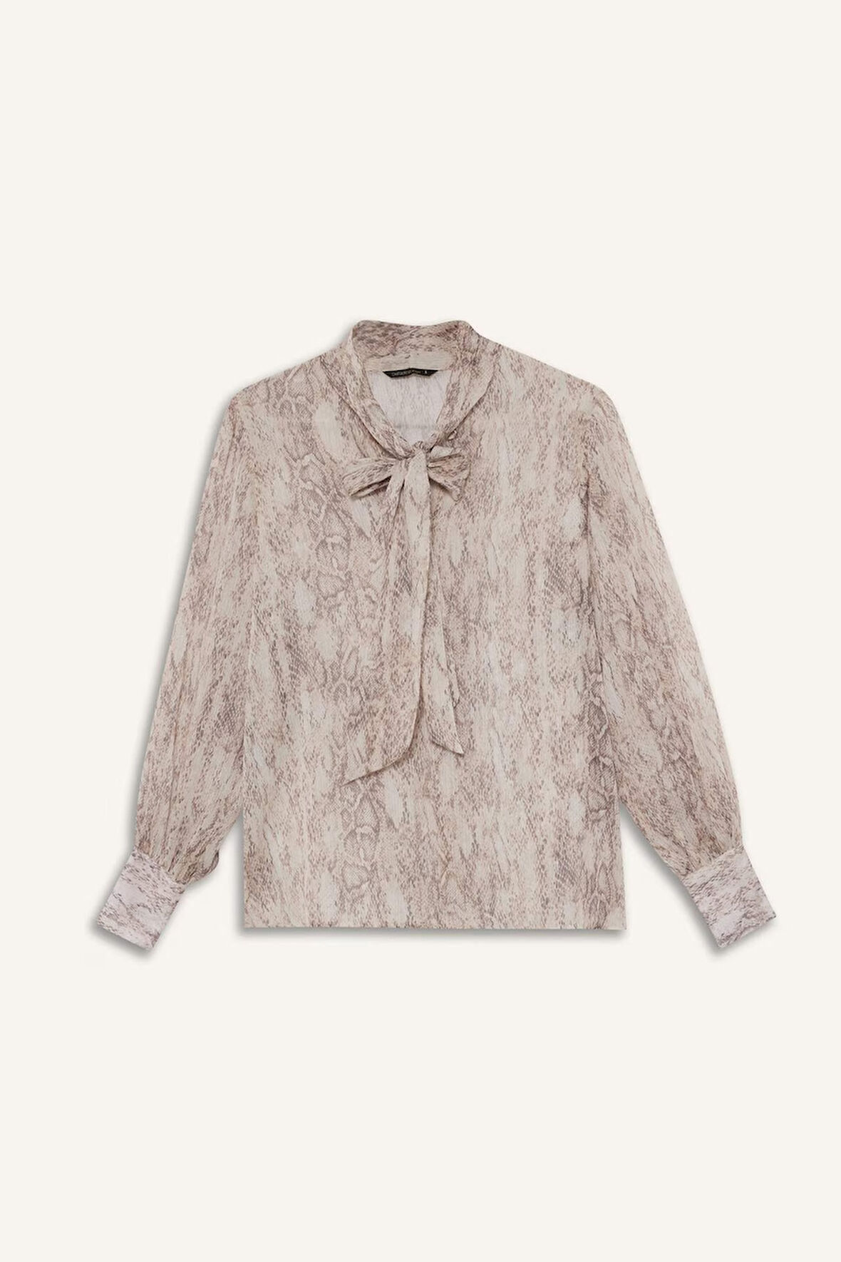 Regular Fit Fiyonk Yaka Yılan Desenli Şifon Uzun Kollu Bluz