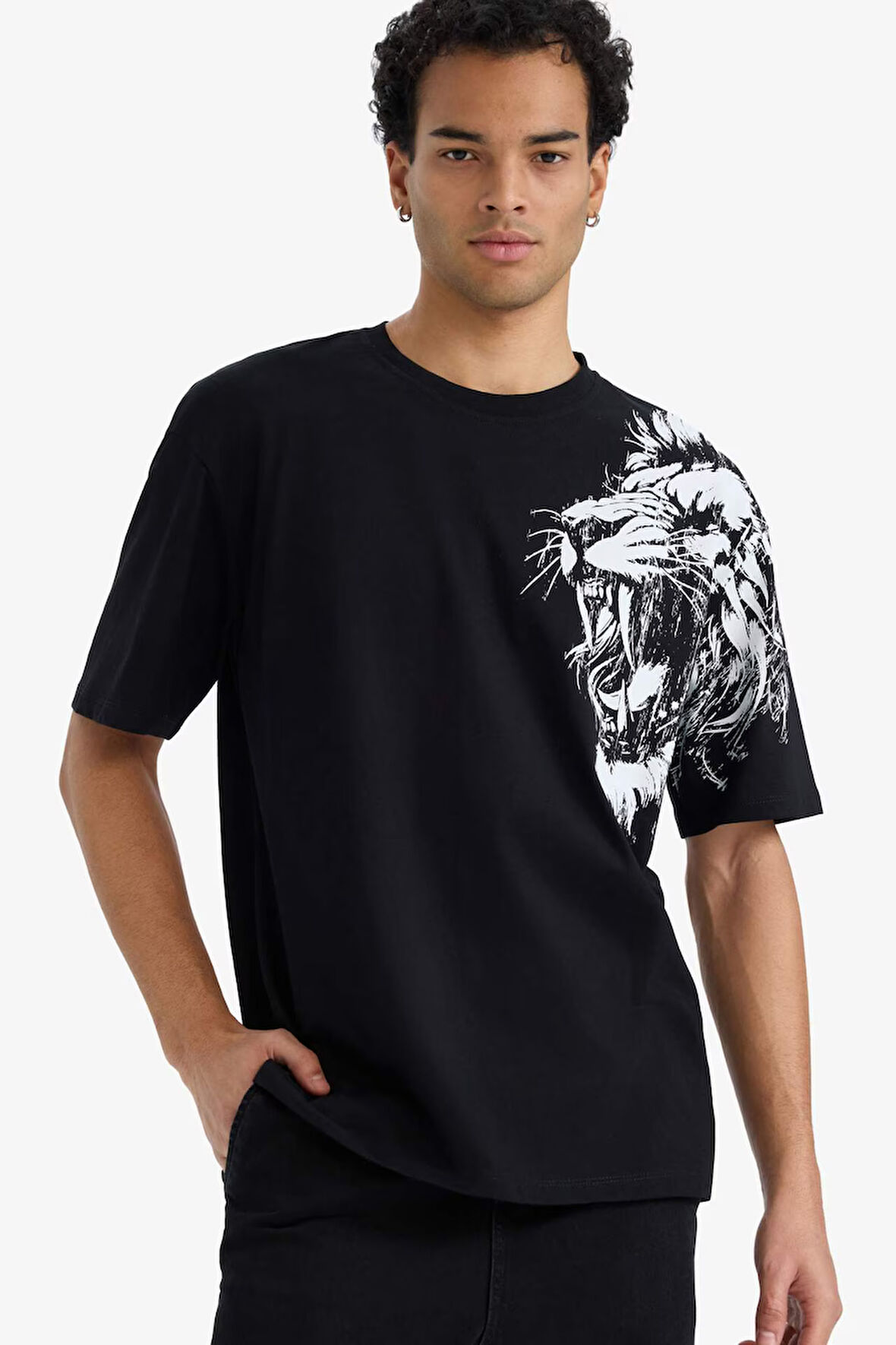 Boxy Fit Bisiklet Yaka Baskılı Kısa Kollu Tişört