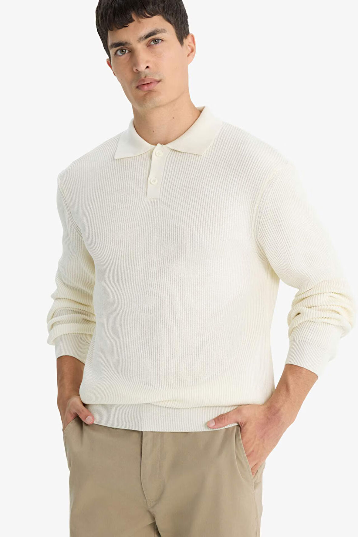 Standart Fit Polo Yaka Düğmeli Triko Kazak