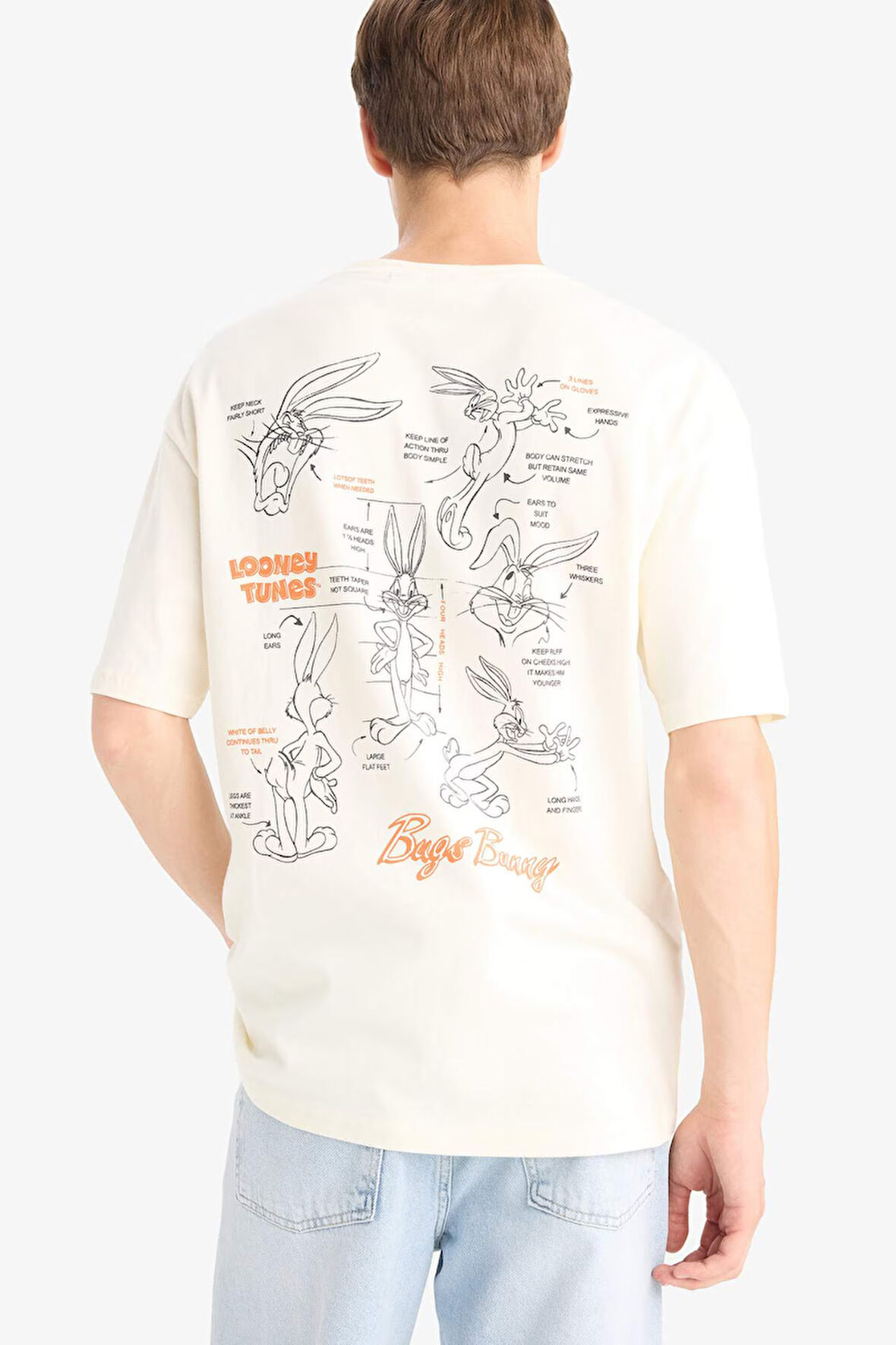 %100 Pamuk Looney Tunes Boxy Fit Rahat Kesim Bisiklet Yaka Sırt Baskılı Kısa Kollu Tişört