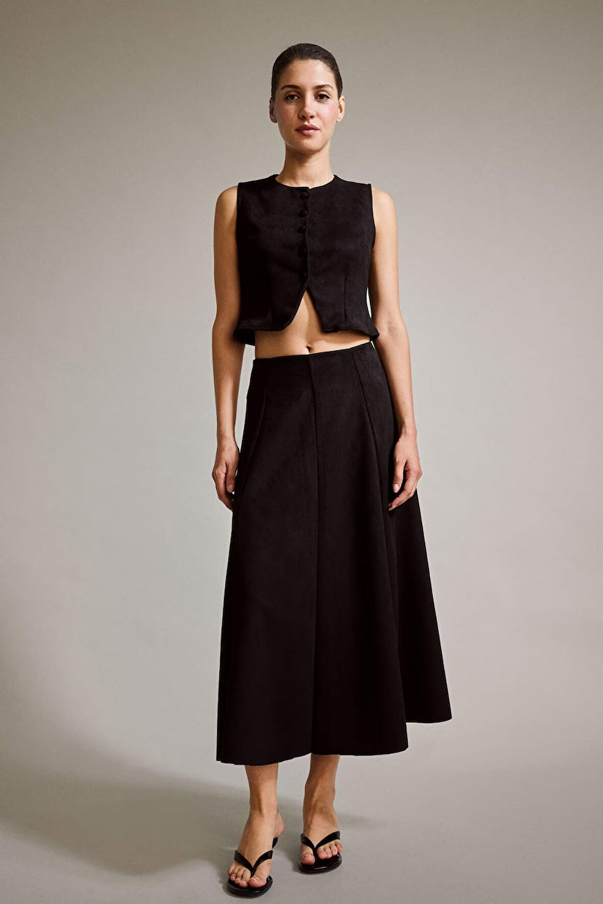 Süet Pileli Midi Etek