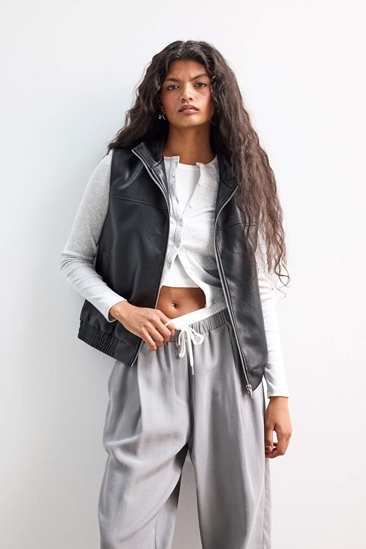 Regular Fit Dik Yaka Suni Deri Yelek