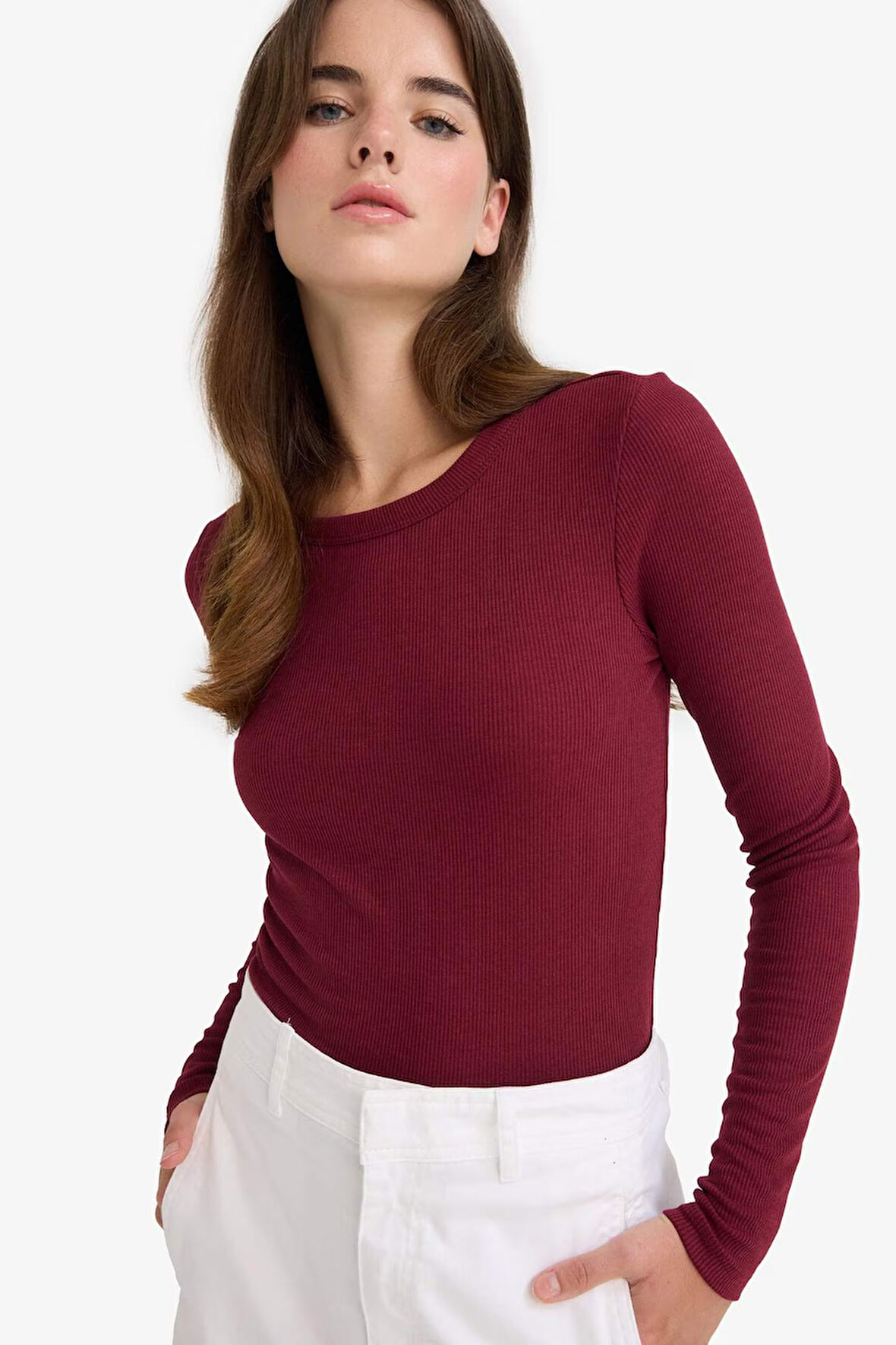 Slim Fit Dar Kesim Basic Düz Fitilli Kaşkorse Uzun Kollu Tişört