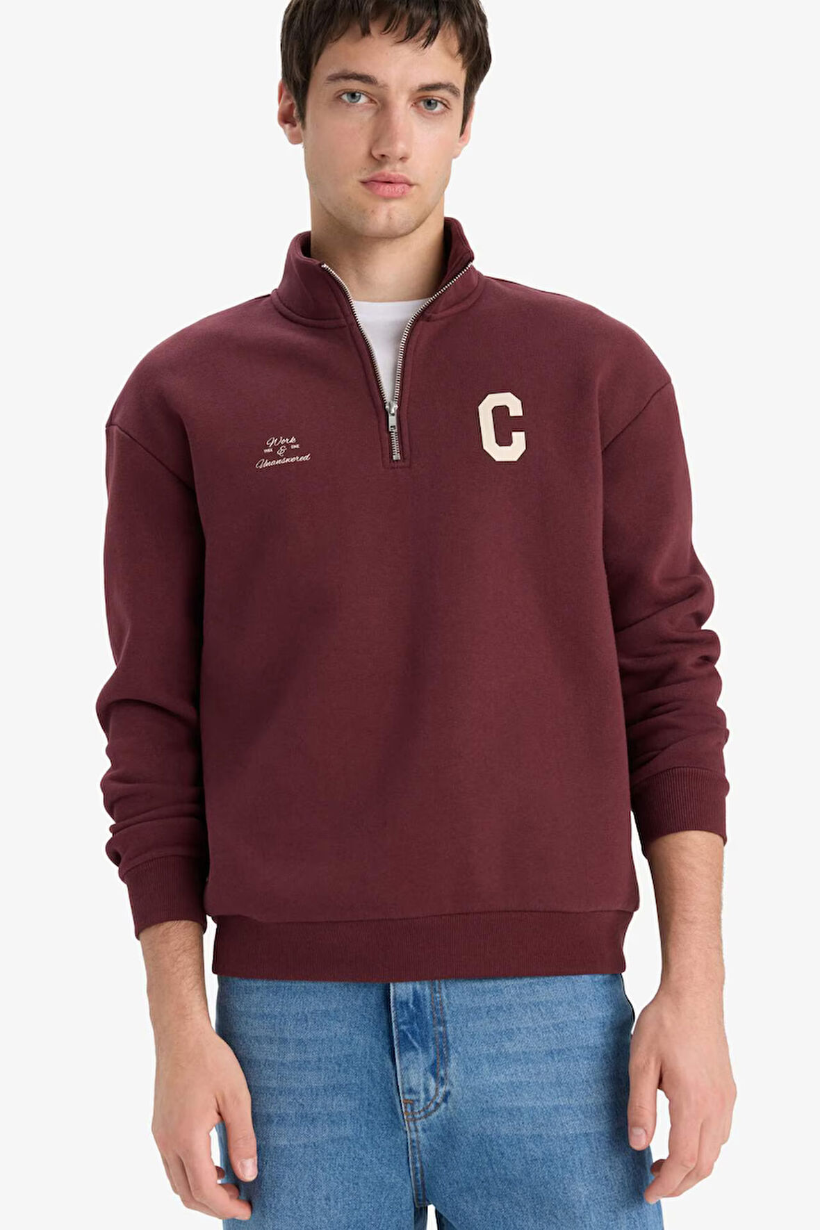 Boxy Fit Dik Yaka Fermuarlı Baskılı Sweatshirt