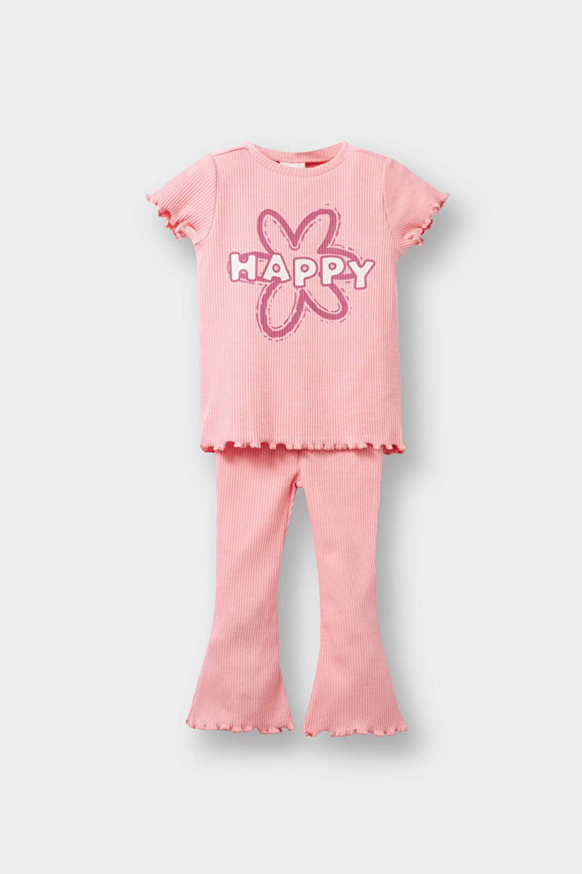 Kız Bebek 2'li Takım Çiçekli Fitilli Kaşkorse Kısa Kollu Tişört İspanyol Paça Tayt 