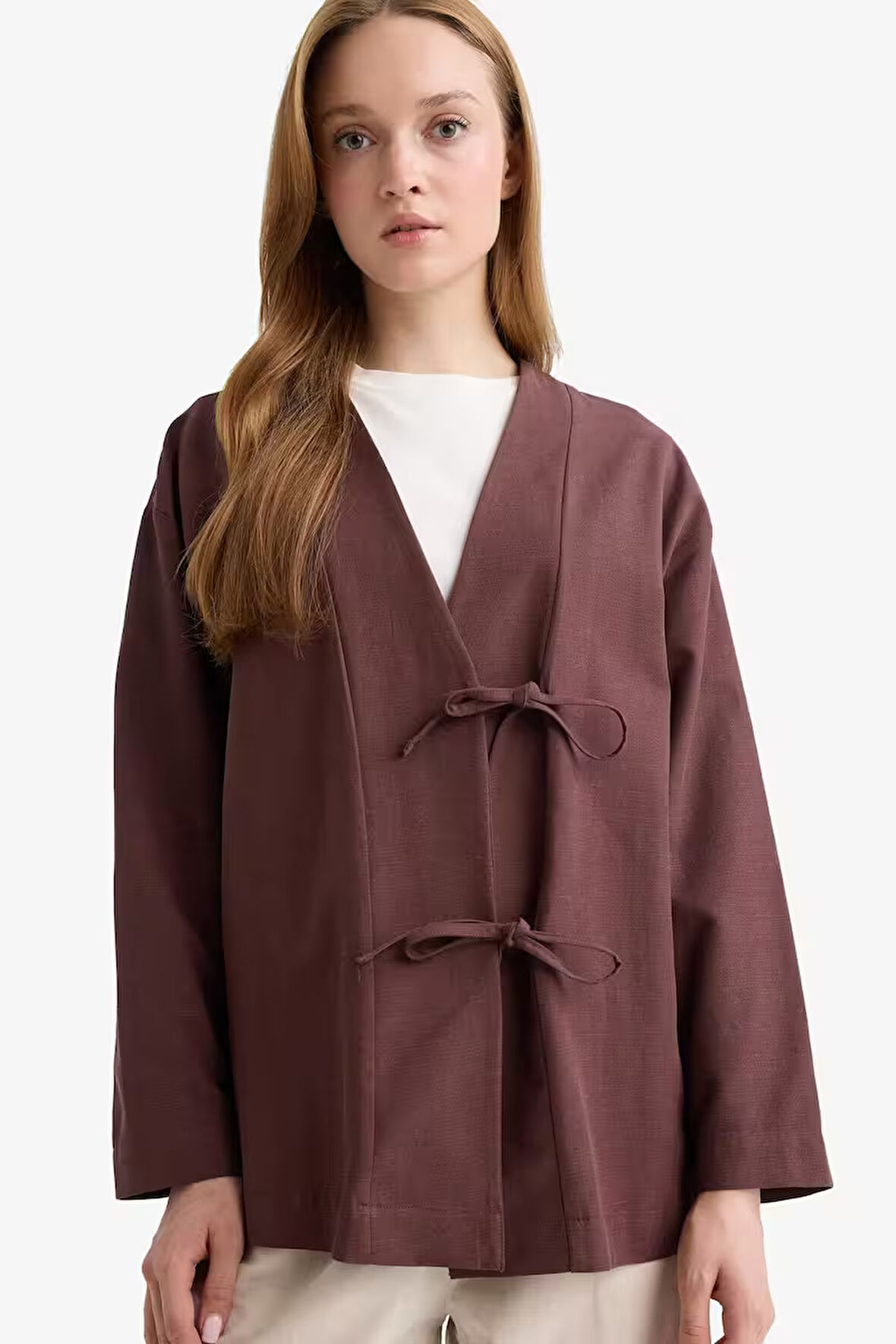 Regular Fit V Yaka Keten Karışımlı Kimono