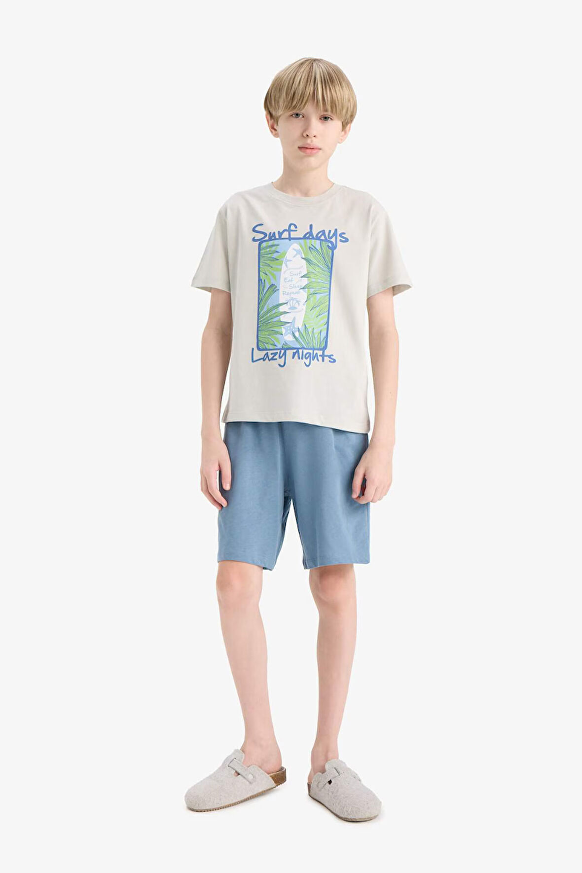 Erkek Çocuk Pijama Takımı Baskılı Kısa Kollu Pijama Üstü Esnek Belli Şort Pijama Altı 