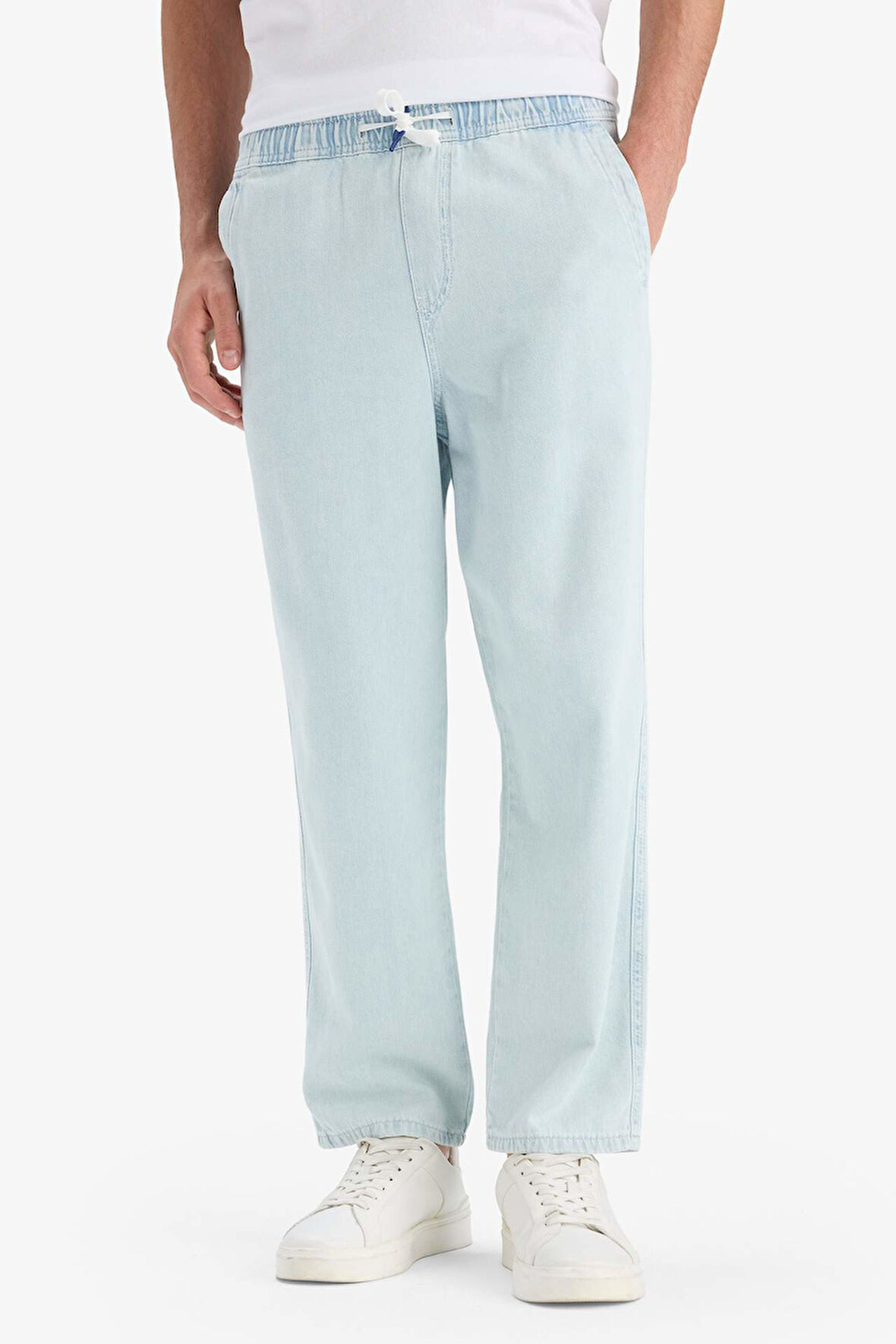 %100 Pamuk Wide Leg Fit Geniş Kalıp Normal Bel Beli Lastikli Geniş Paça Yazlık Jean Pantolon