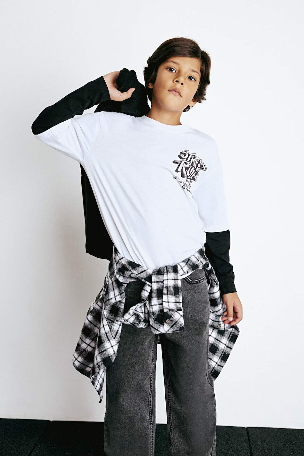 Erkek Çocuk Oversize Geniş Kalıp Bisiklet Yaka Baskılı Uzun Kollu Tişört