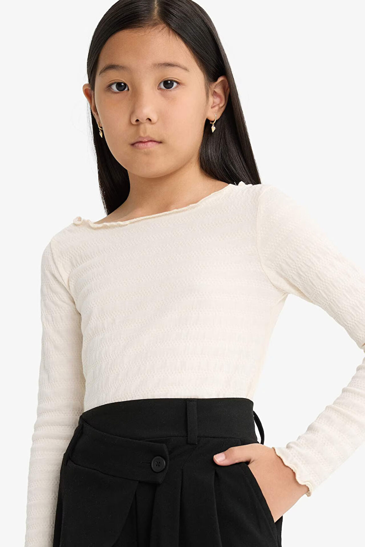 Kız Çocuk Fitted Bisiklet Yaka Bürümcük Uzun Kollu Tişört