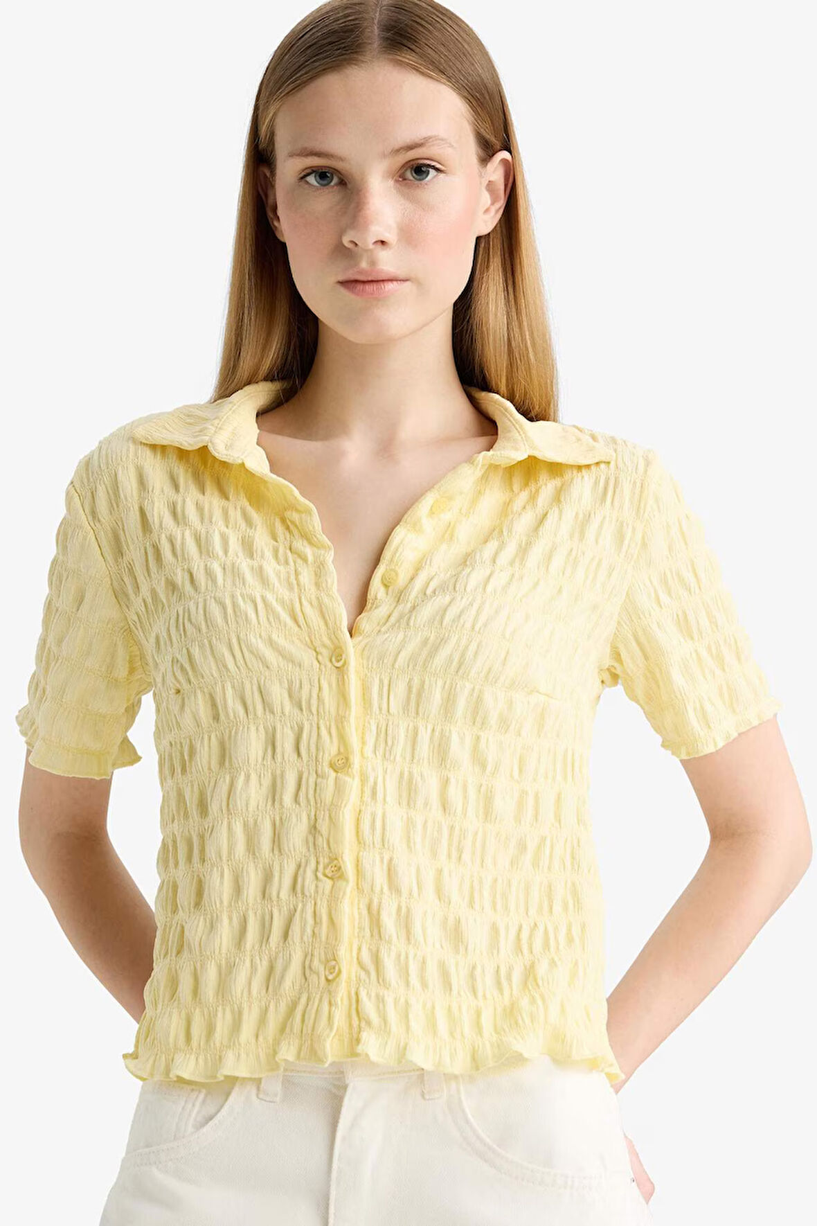 Coool Fitted Gömlek Yaka Dokulu Kısa Kollu Gömlek