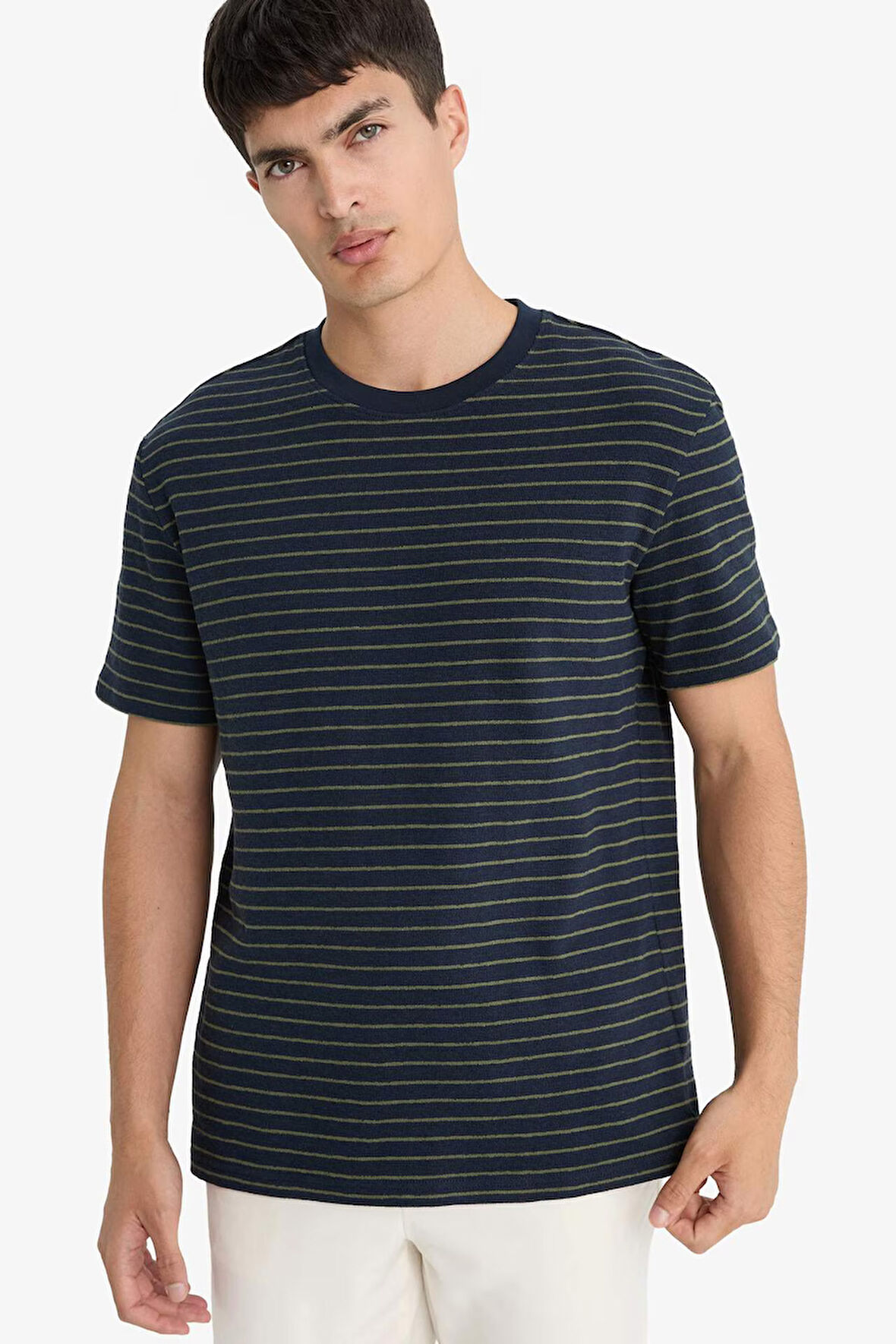 Regular Fit Bisiklet Yaka Çizgili Kısa Kollu Tişört