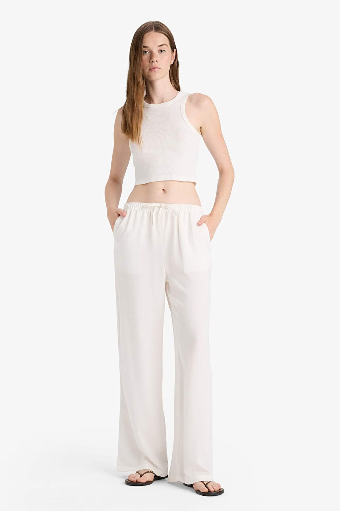 Wide Leg Cepli Yüksek Bel Standart Boy Keten Karışımlı Pantolon
