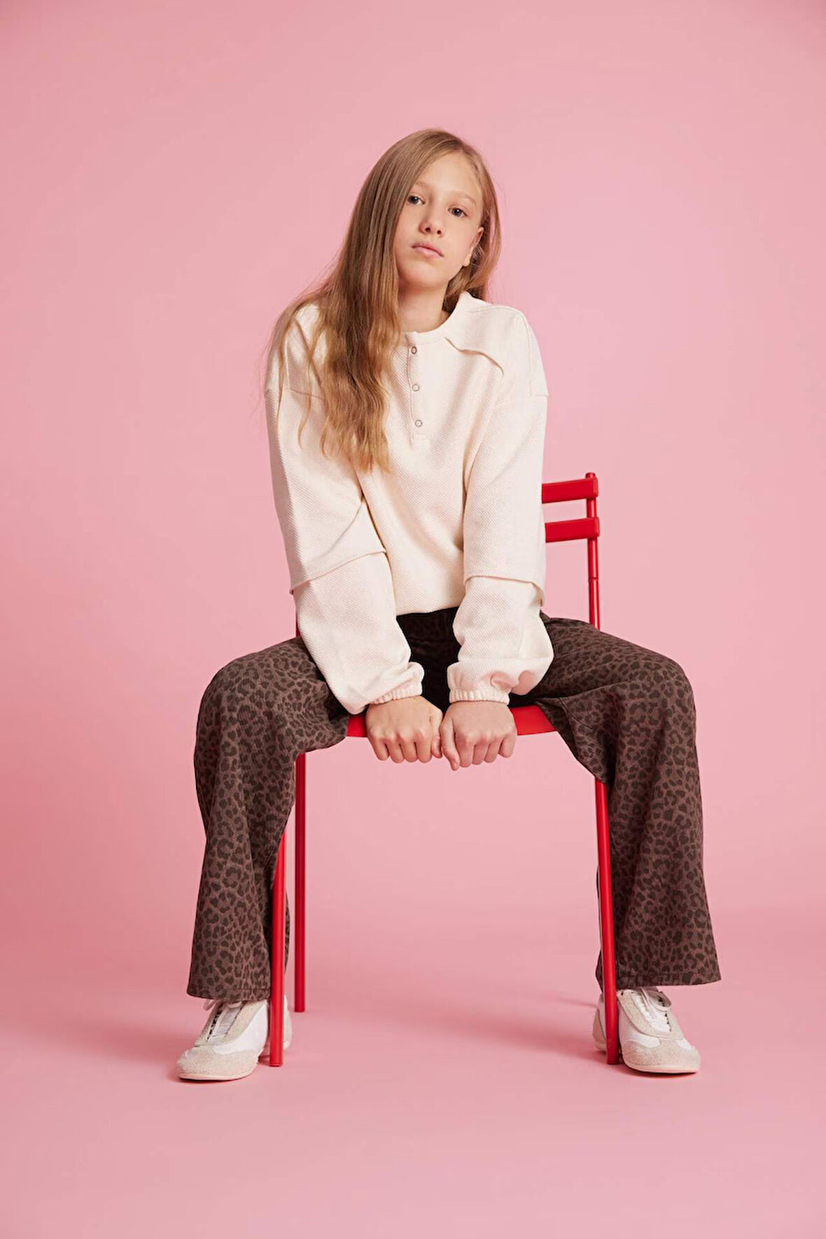 Kız Çocuk Oversize Geniş Kalıp Bisiklet Yaka Düğmeli Sweatshirt