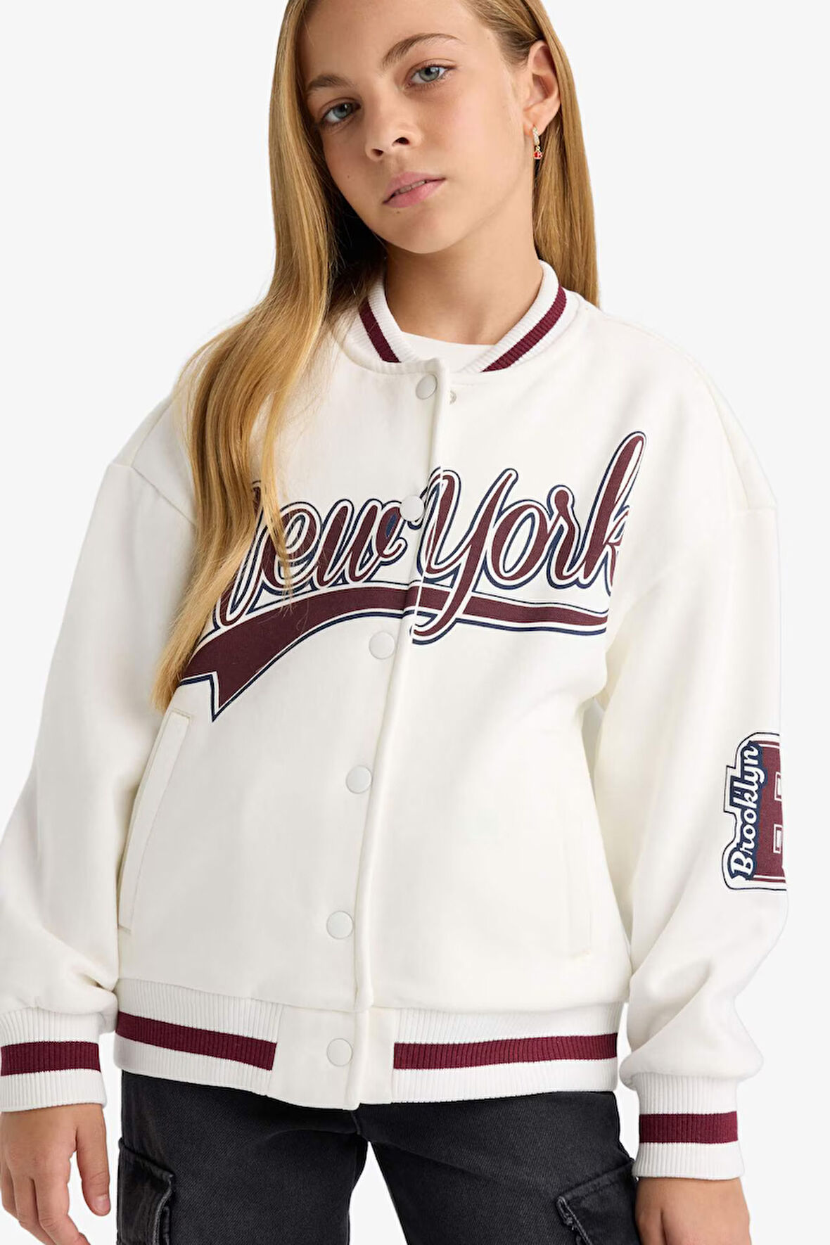 Kız Çocuk Slogan Baskılı Bisiklet Yaka Kalın Sweatshirt Kumaşı Hırka