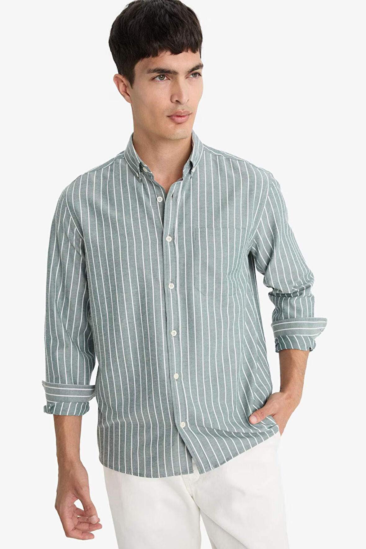 Regular Fit Polo Yaka Dokuma Uzun Kollu Çizgili Gömlek