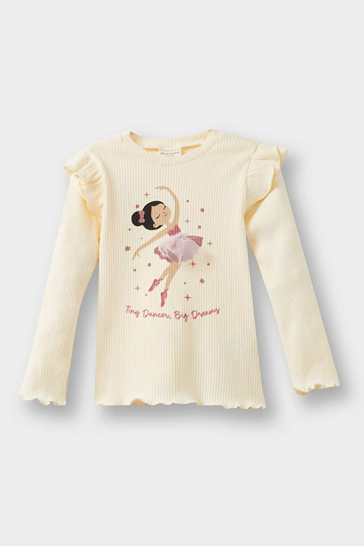Kız Bebek Bisiklet Yaka Balerin Baskılı Fitilli Kaşkorse Uzun Kollu Tişört 