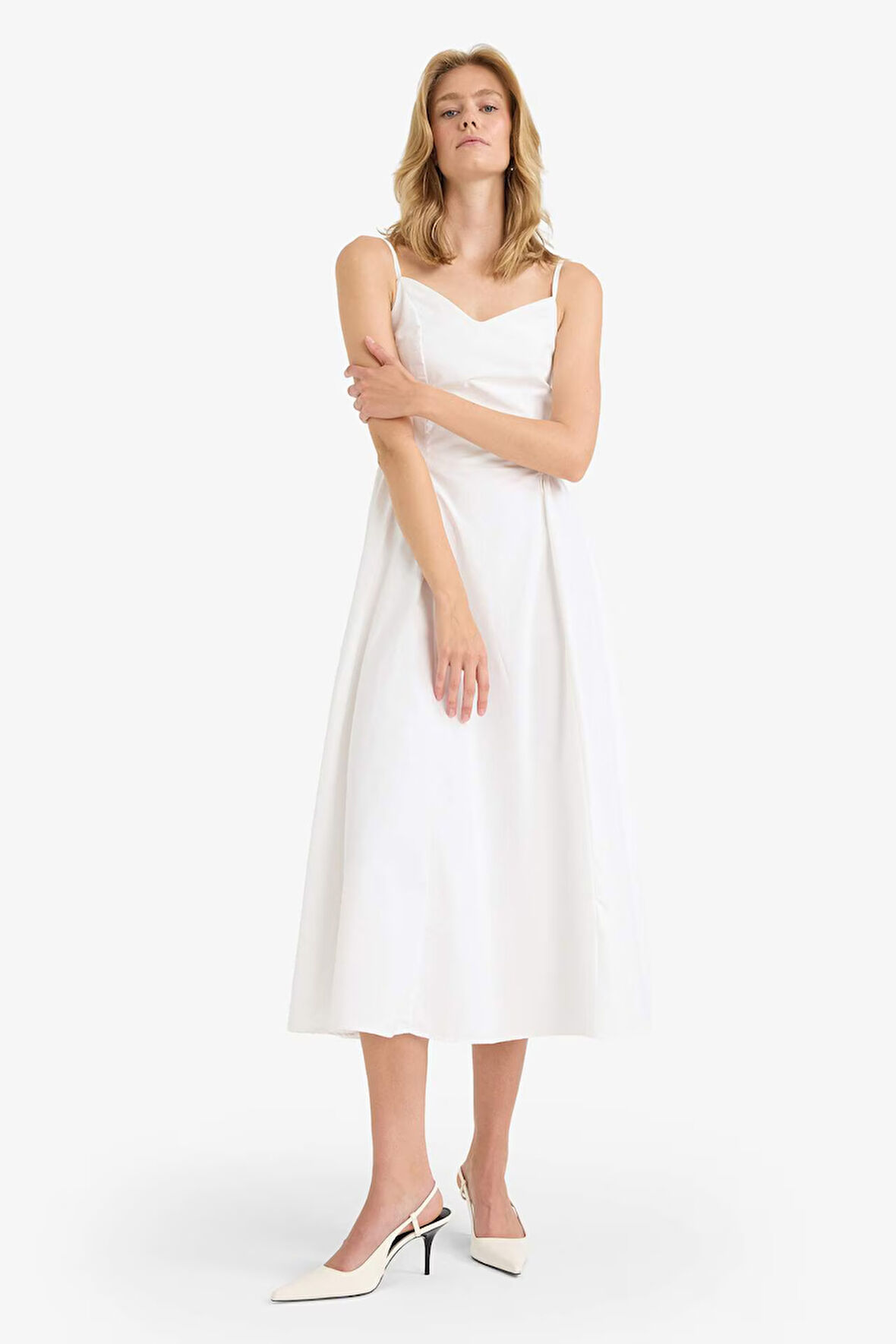 V Yaka Poplin Askılı Midi Elbise