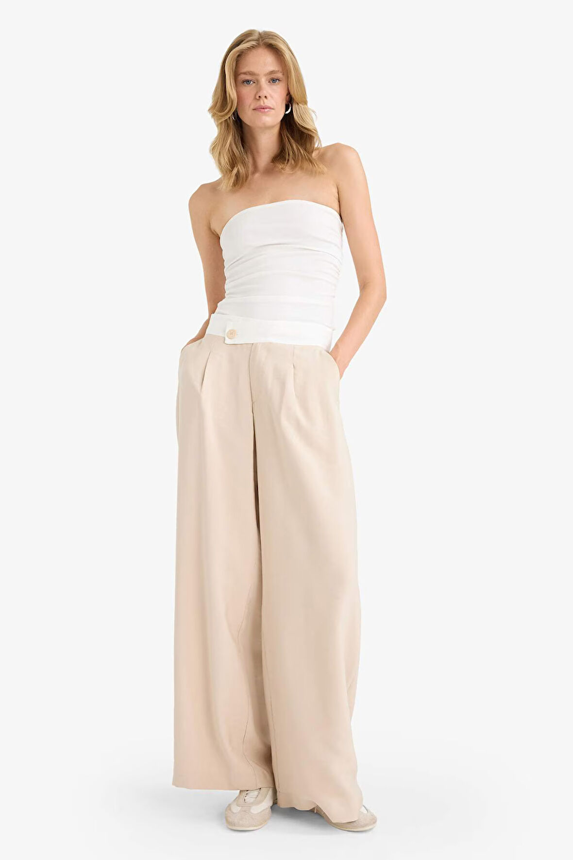 Wide Leg Cep Detaylı Normal Bel Düz Paça Uzun Boy Modal Pantolon