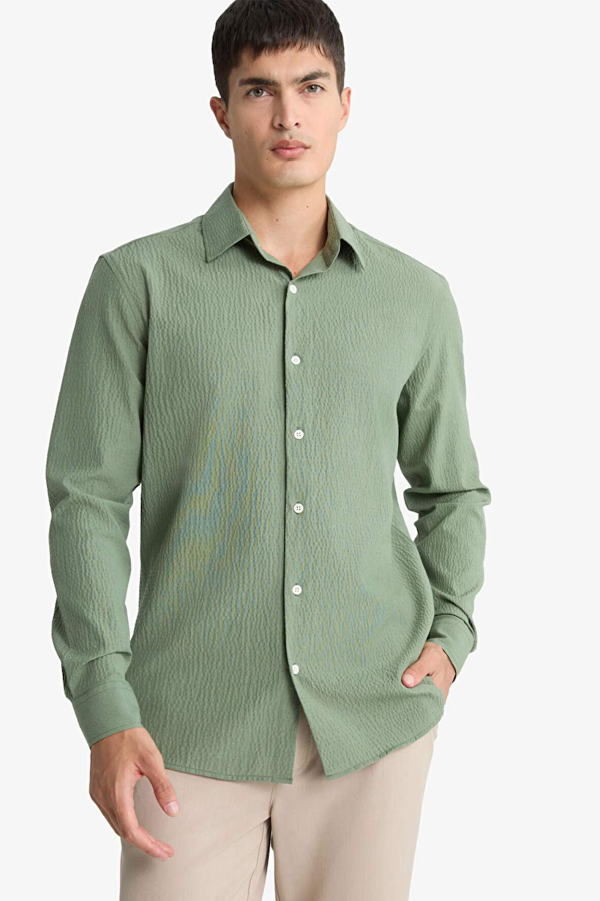 Modern Fit Polo Yaka Krinkıl Uzun Kollu Gömlek