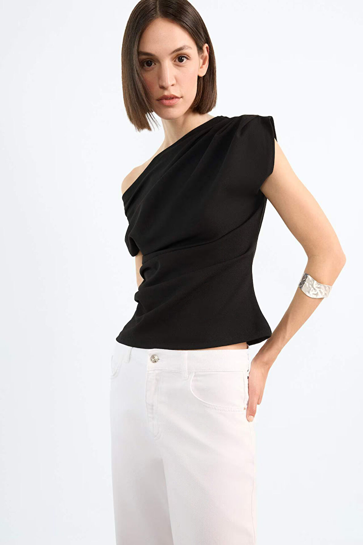 Fitted Basic Düz Tek Omuzlu Siyah Atlet