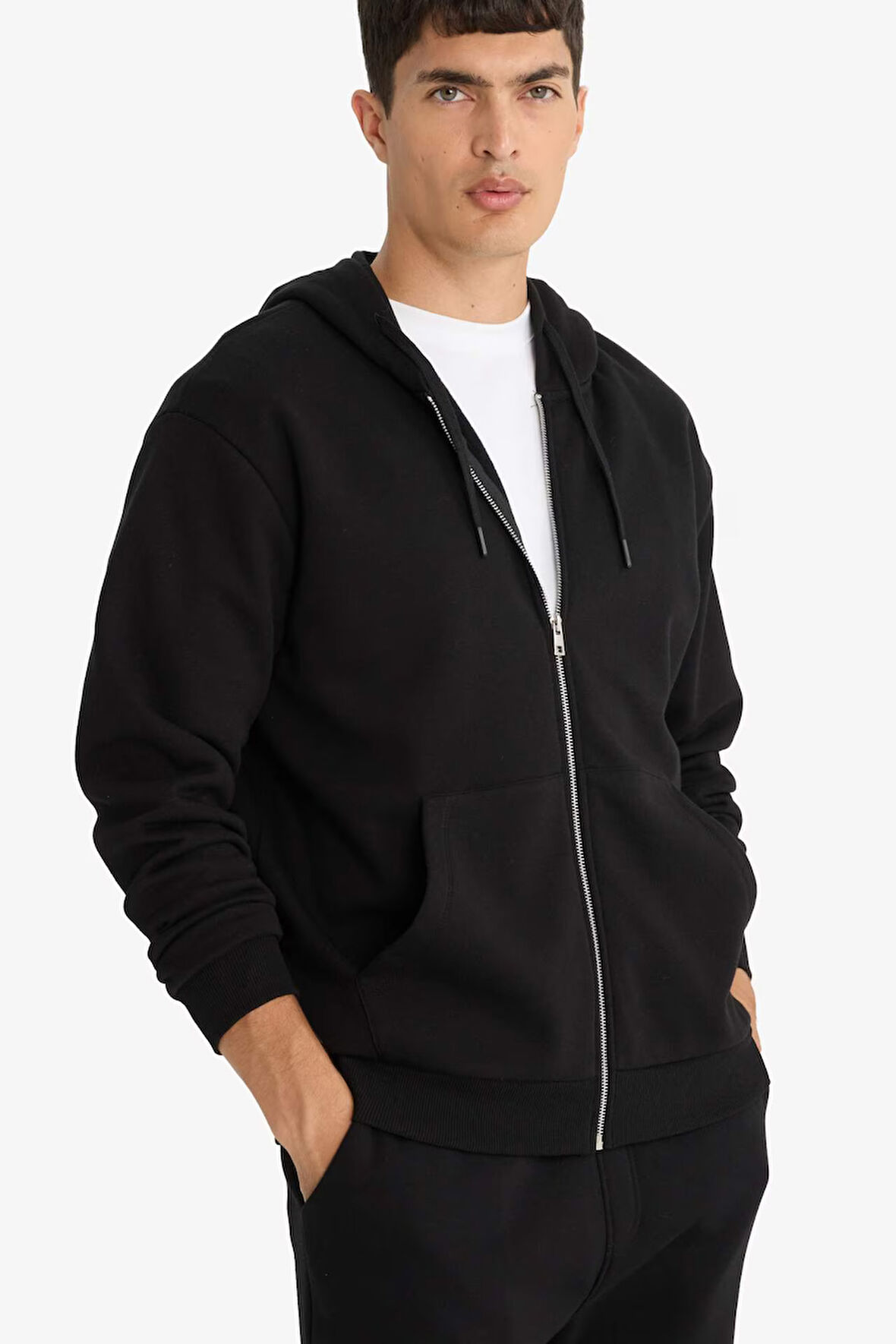 Relax Fit Kapüşonlu İçi Yumuşak Tüylü Basic Düz Kalın Fermuarlı Sweatshirt