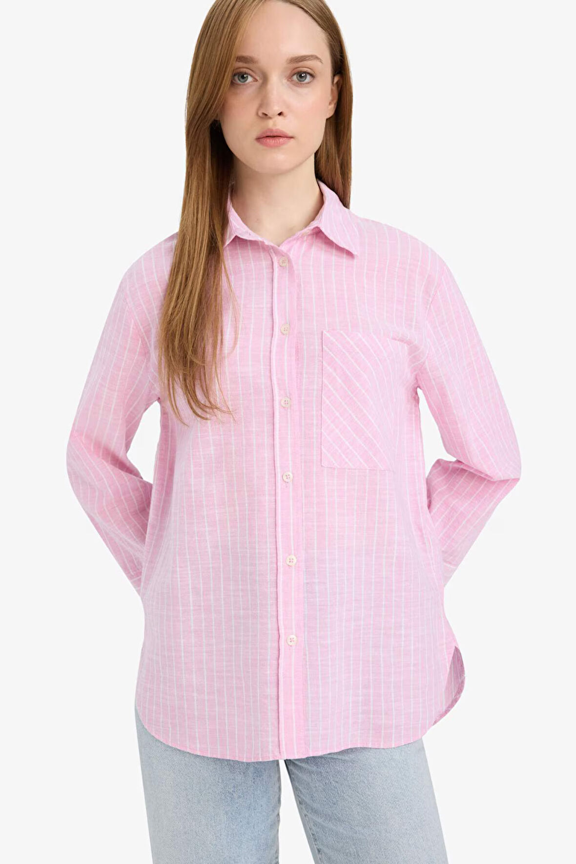 DeFacto Relax Fit Çizgili Flamlı Pamuk Uzun Kollu Gömlek Tunik F6314AX25SMPN141