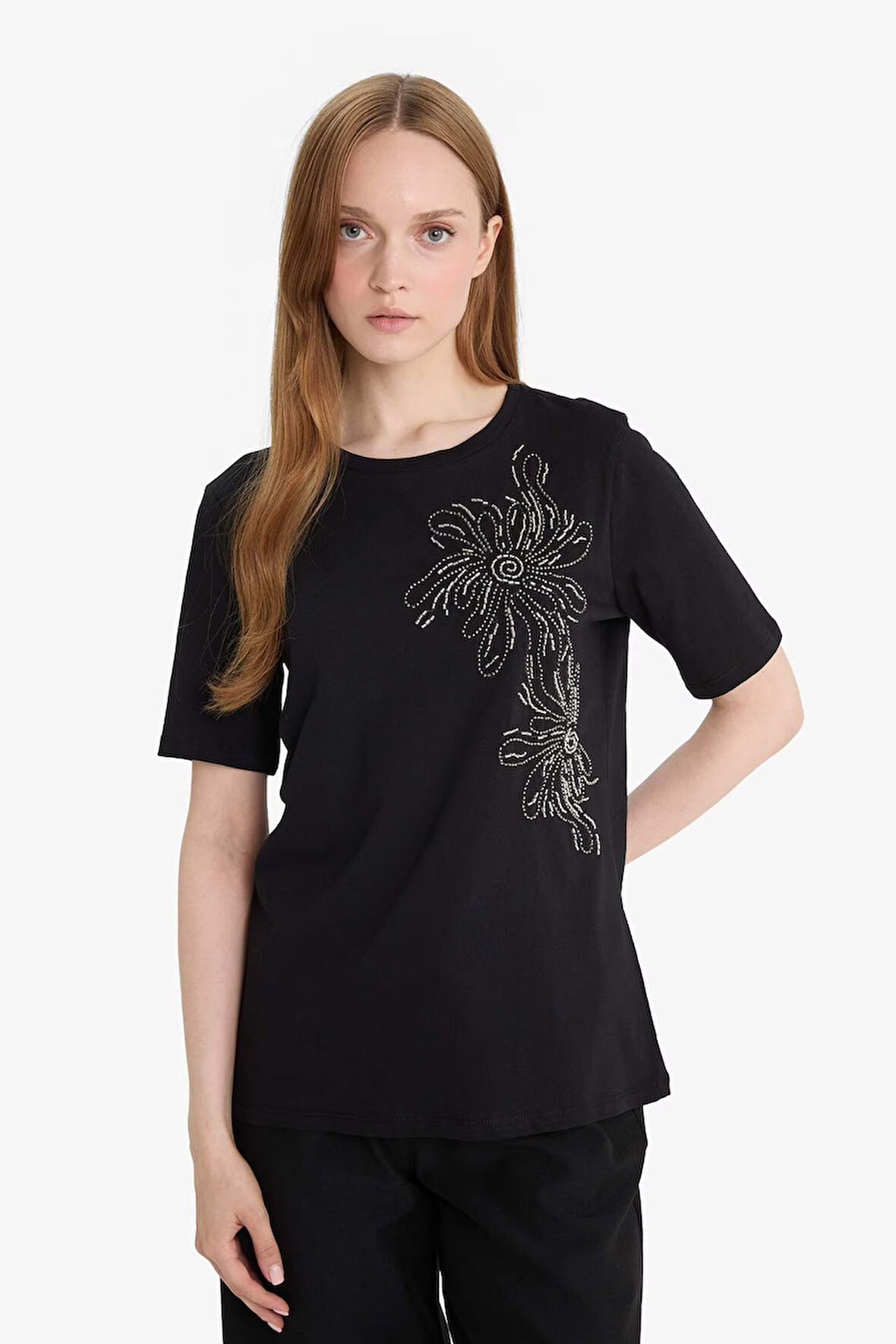 Regular Fit Bisiklet Yaka Nakış Baskı Baskılı Penye Kısa Kollu Tişört