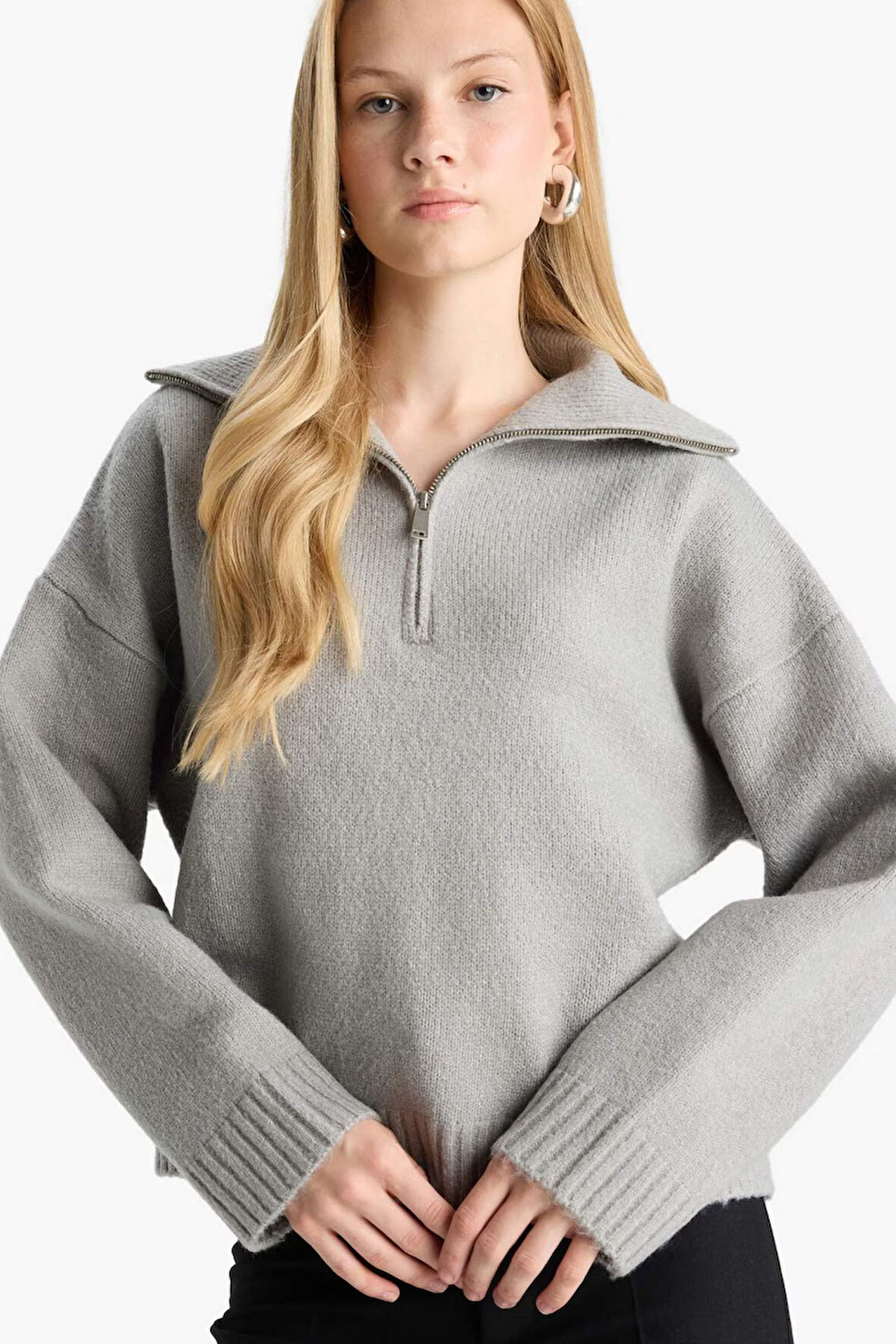 Oversize Geniş Kalıp Polo Yaka Fermuarlı Kazak