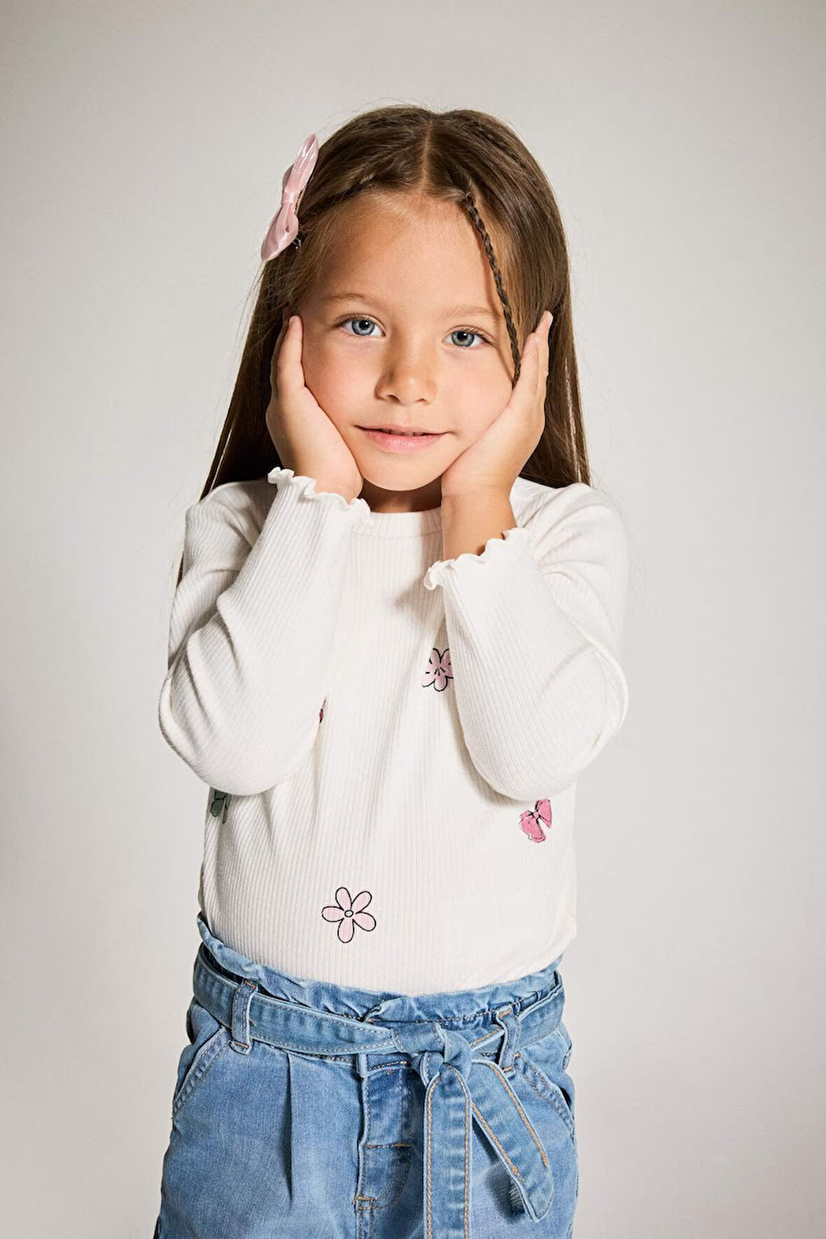 Kız Bebek Bisiklet Yaka Desenli Uzun Kollu Tişört