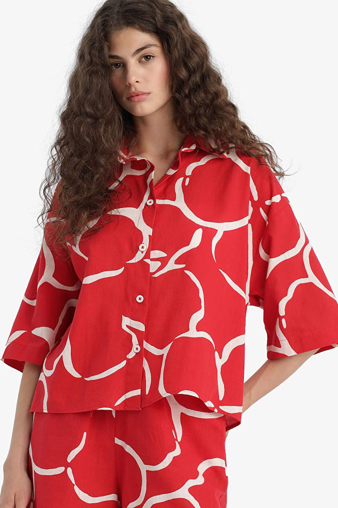 Oversize Geniş Kalıp Desenli Yarım Kollu Gömlek