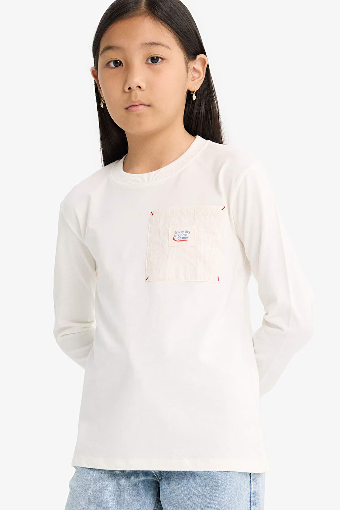 Kız Çocuk Oversize Geniş Kalıp Bisiklet Yaka Baskılı Uzun Kollu Tişört