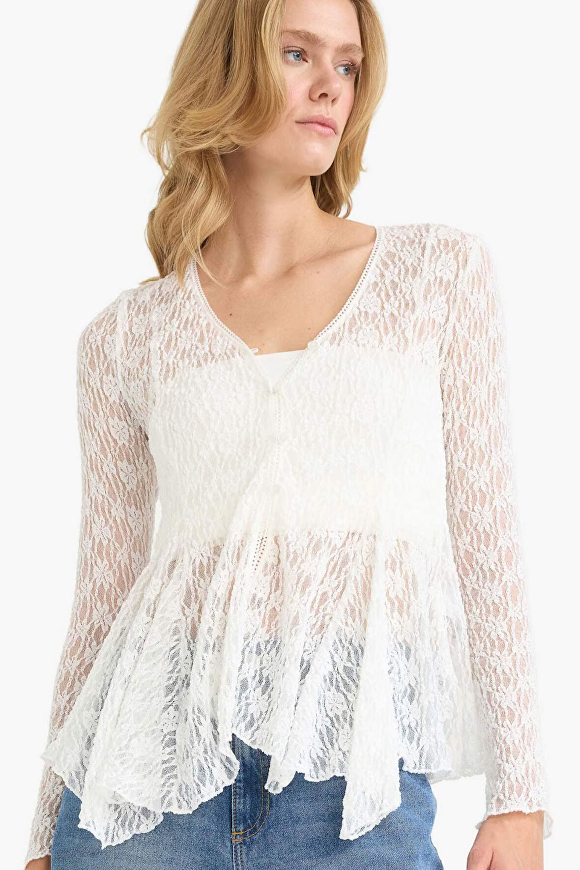 Fitted V Yaka Düğmeli Dantel Uzun Kollu Bluz