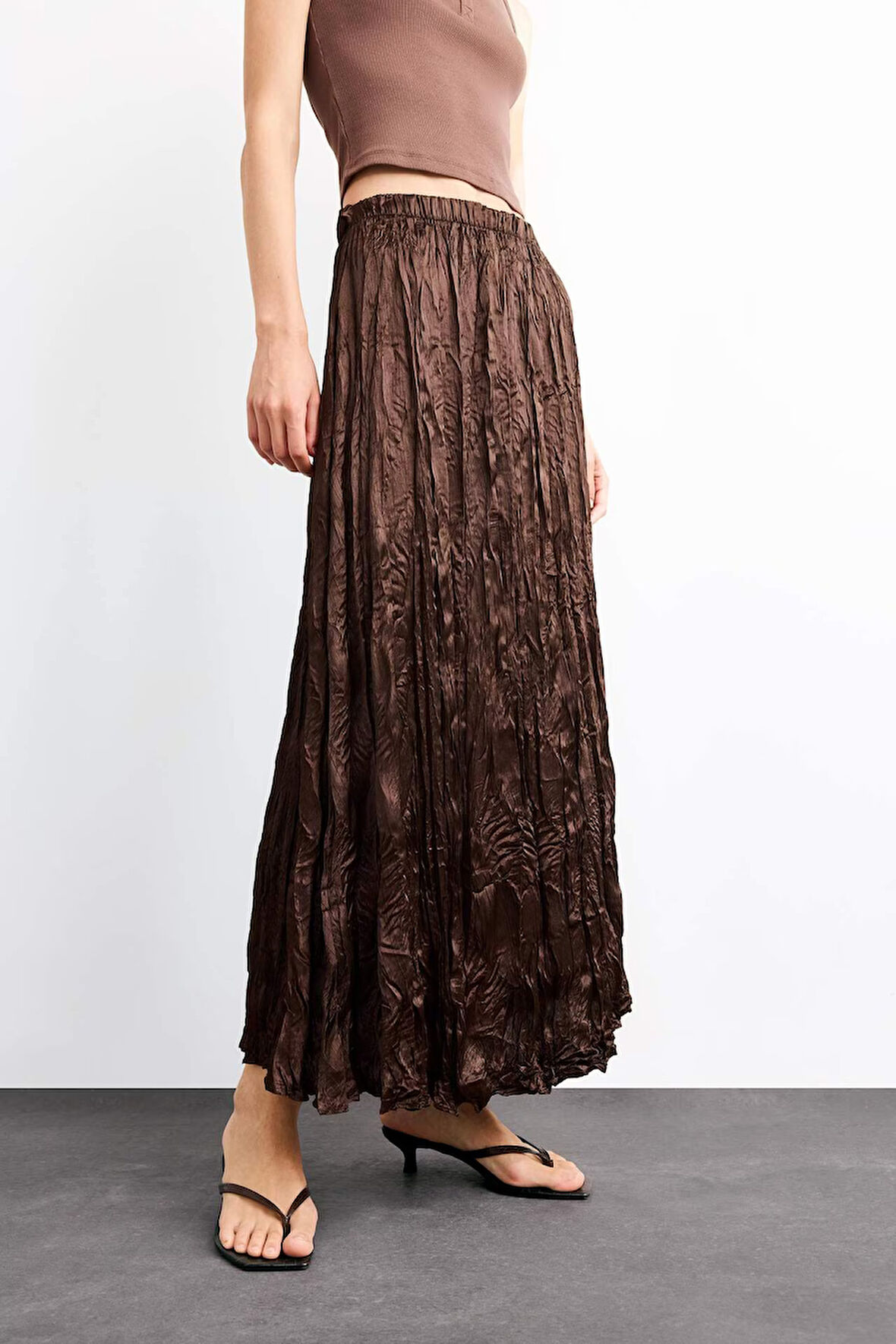 Relax Fit Beli Lastikli Saten Uzun Boy Etek