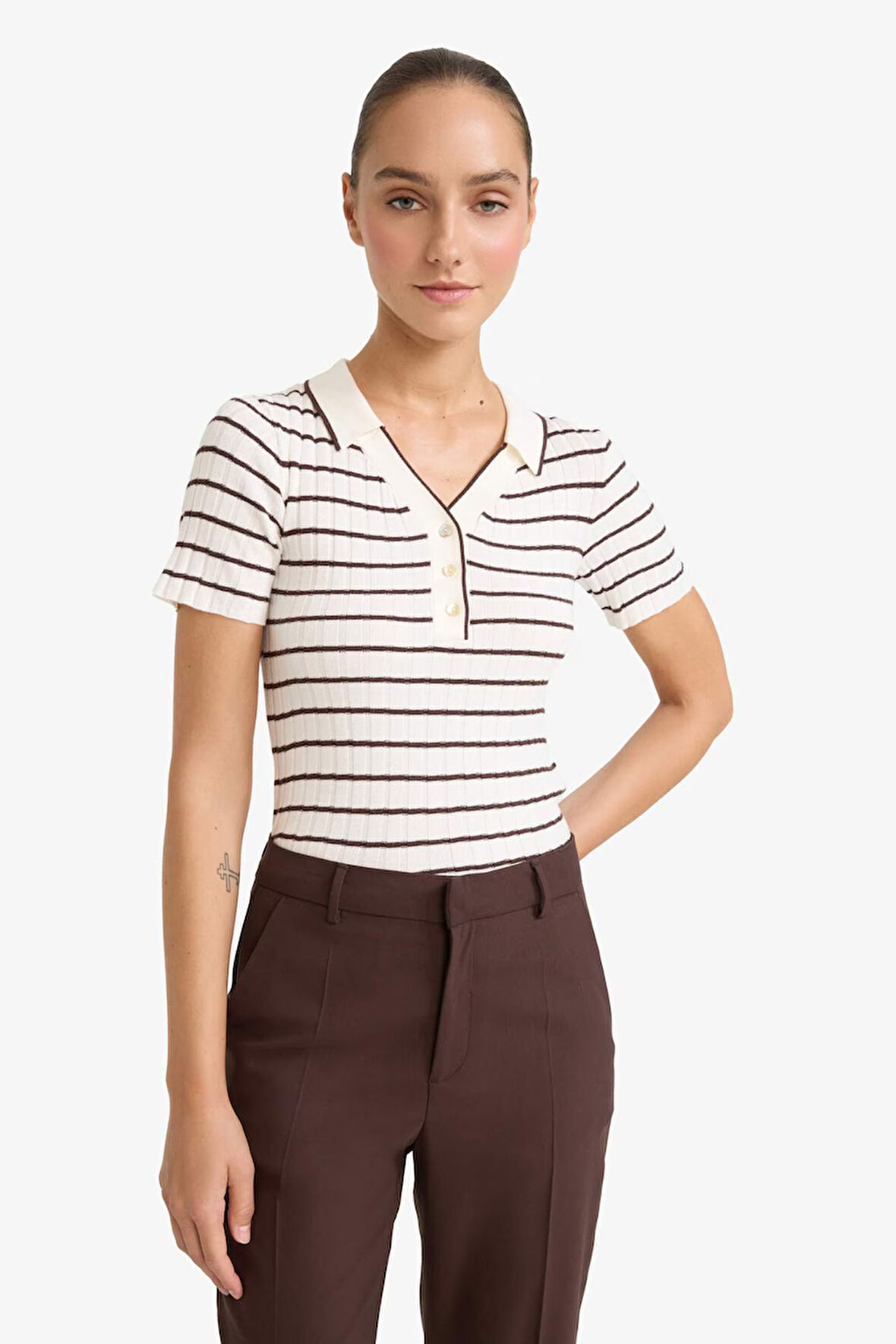 Fitted Polo Yaka Çizgili Triko Kazak