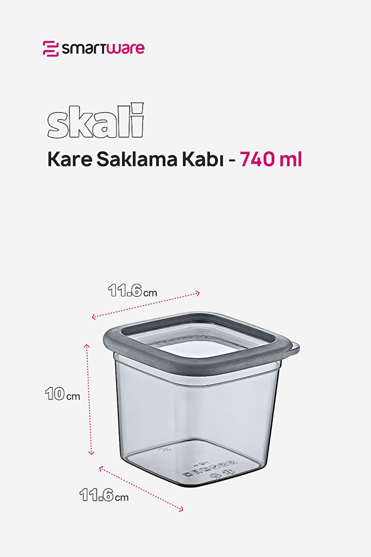 Smartware 6'Lı Set Skali Kare Saklama Kabı Antrasit 740 ML 