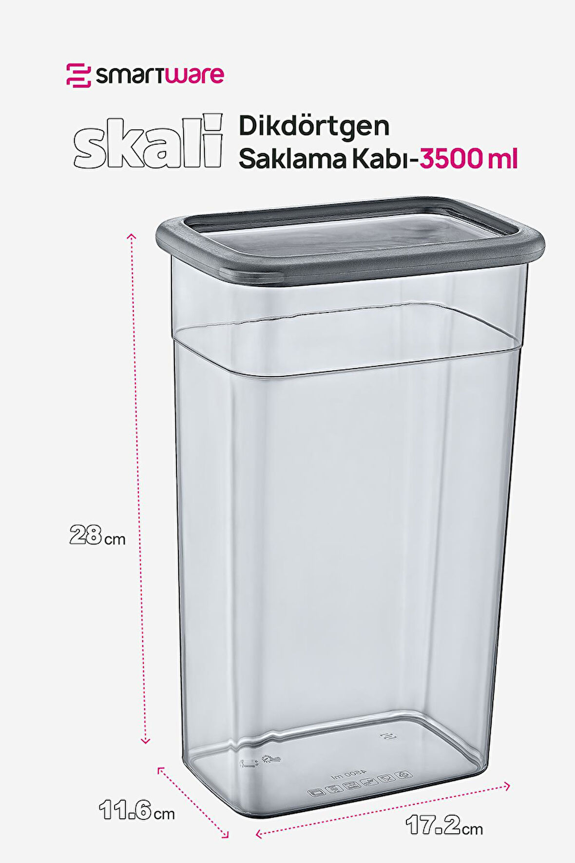 Smartware 12'Li Set Skali Dikdörtgen Saklama Kabı Antrasit 3500 ML