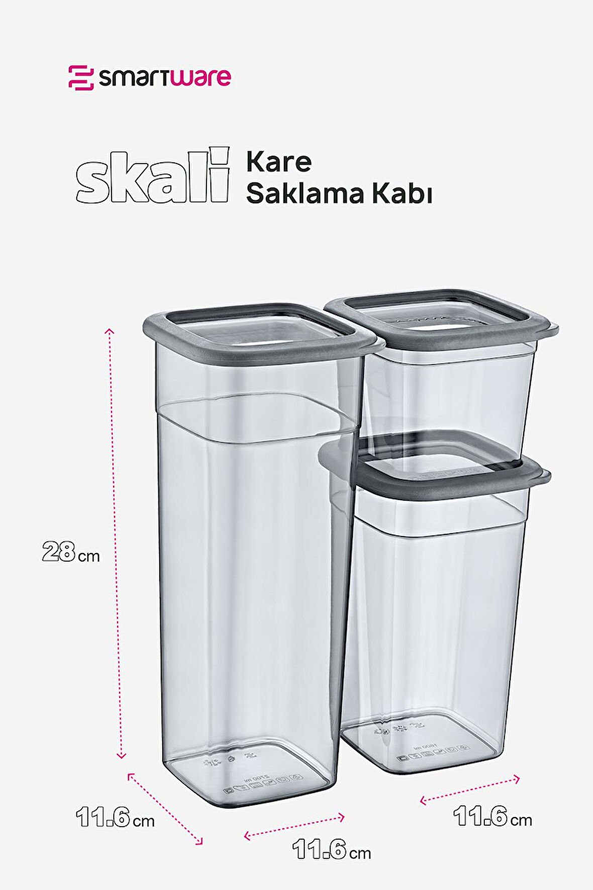 Smartware 8'Li Set Skali Kare Saklama Kabı Antrasit (8'şer adet 740 ml, 1440 ml, 2350 ml)