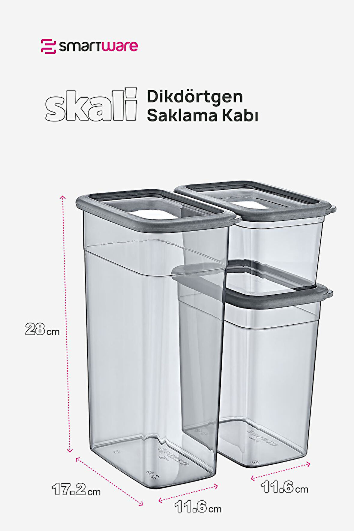 Smartware 2'Li Set Skali Dikdörtgen Saklama Kabı Antrasit (2'şer adet 1210 ml, 2350 ml, 3500 ml)