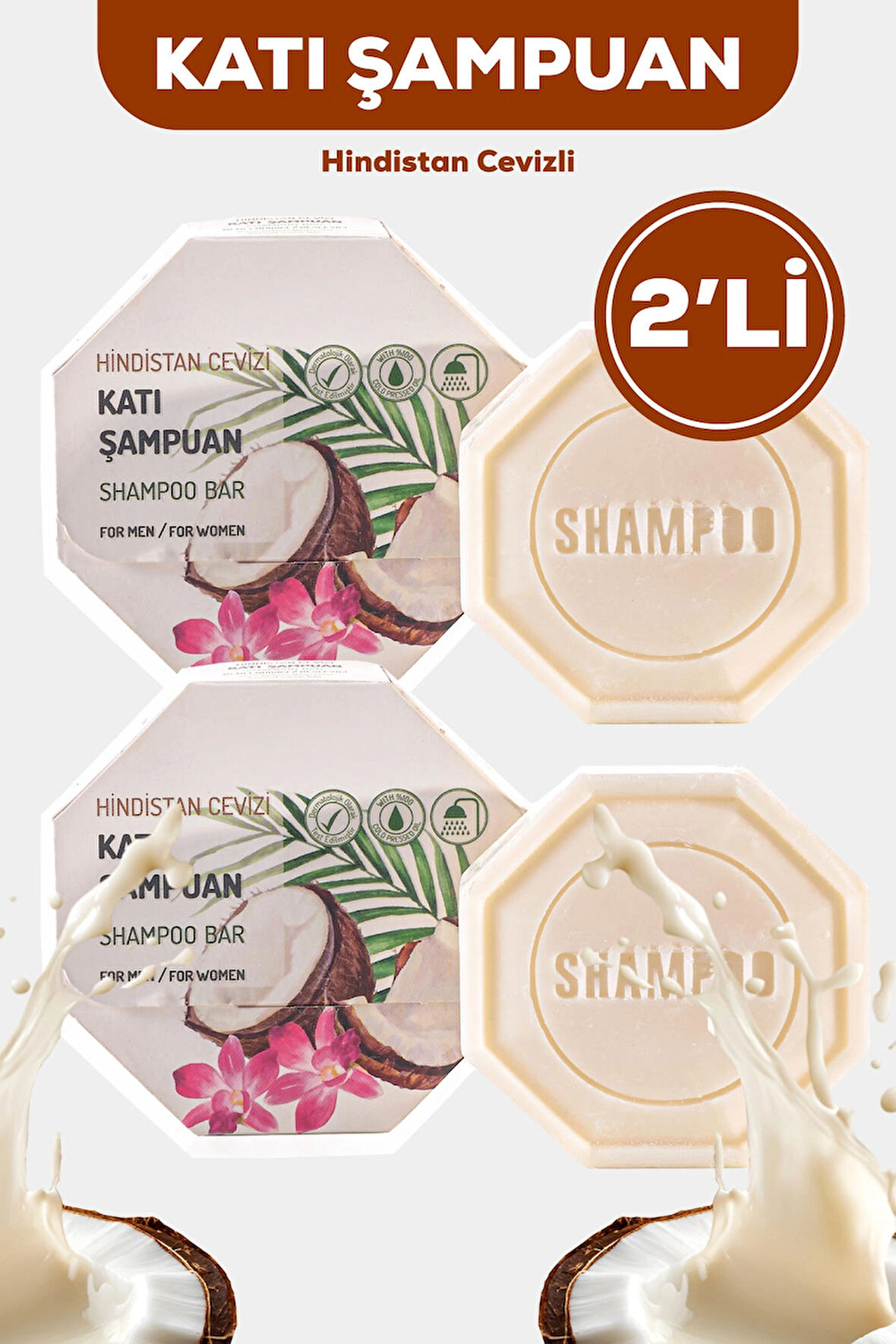 2'li Katı Şampuan 2x100g – Hindistan Cevizi Özlü Besleyici ve Nemlendirici Bakım, Erkek & Kadın Kullanıma Uygun