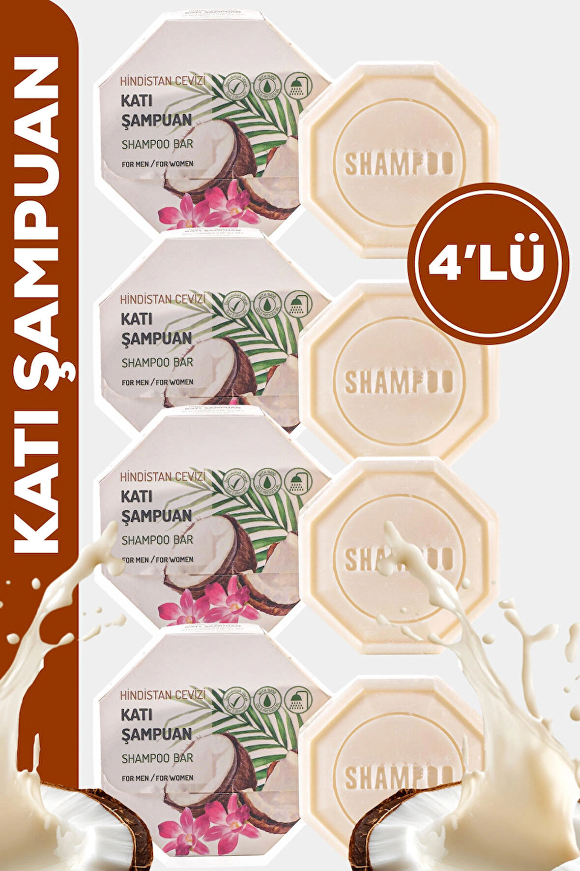 4'lü Katı Şampuan 4x100g – Hindistan Cevizi Özlü Besleyici ve Nemlendirici Bakım, Erkek & Kadın Kullanıma Uygun